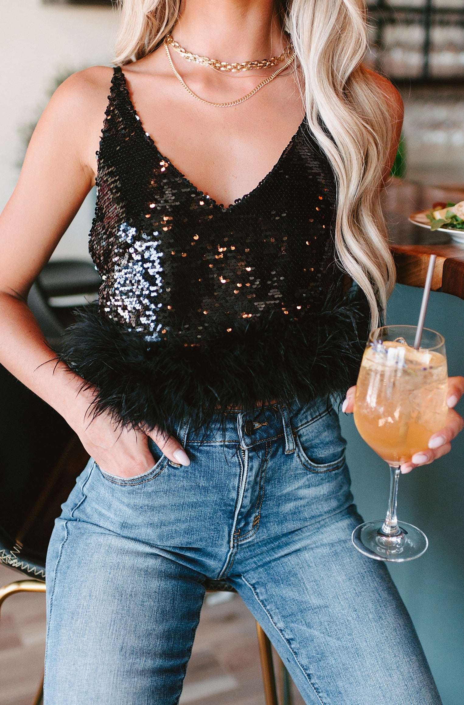 Ruffle Some Feathers Sequin Feather Trimmed Top (Black)-The Formal Wear