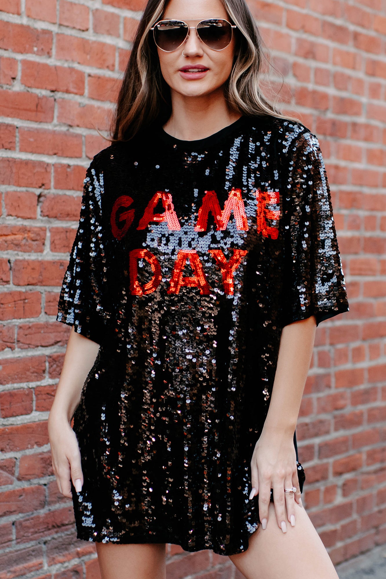 Game Day Ready Sequin Game Day T-Shirt Dress (Black/Red)-The Formal Wear