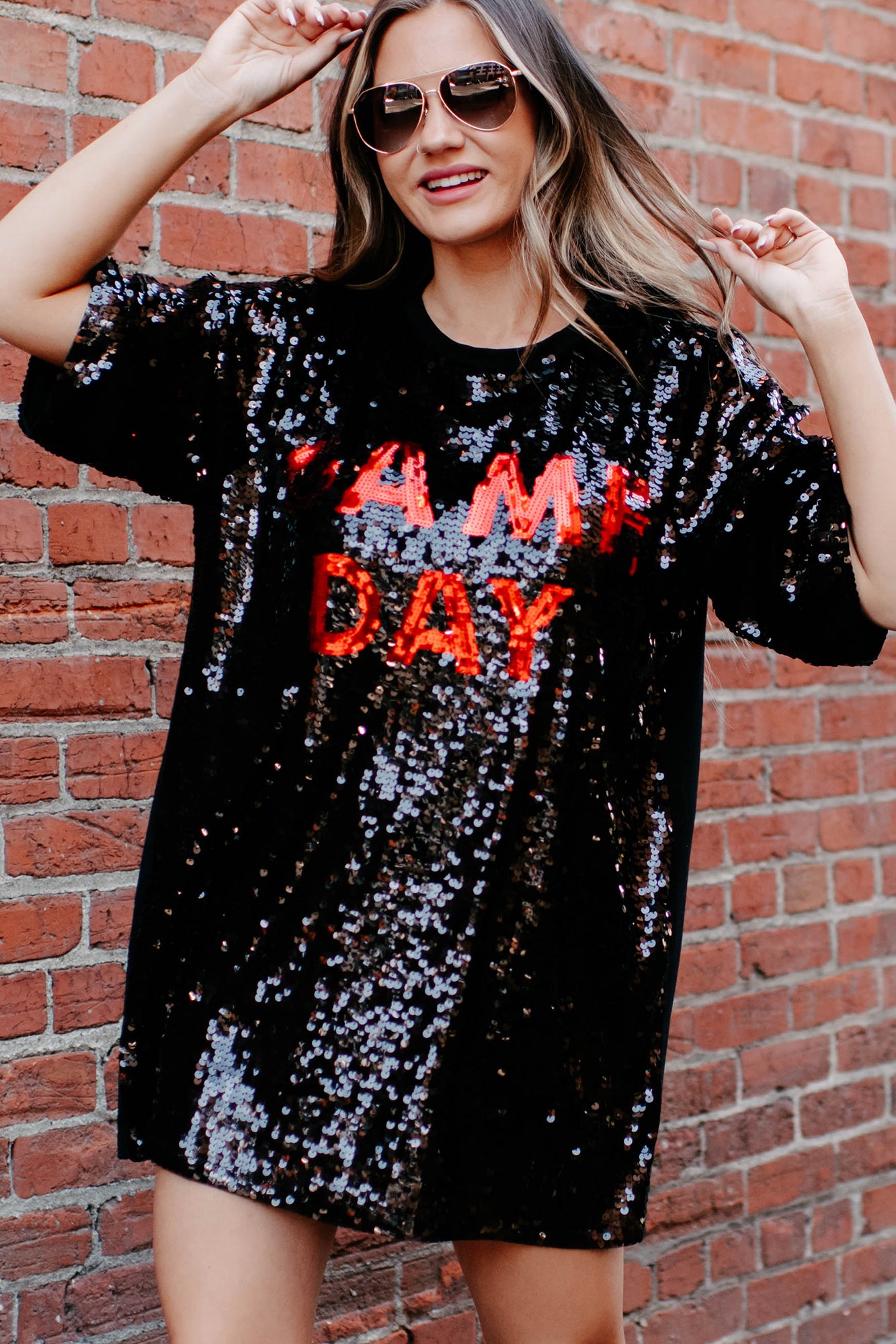 Game Day Ready Sequin Game Day T-Shirt Dress (Black/Red)-The Formal Wear