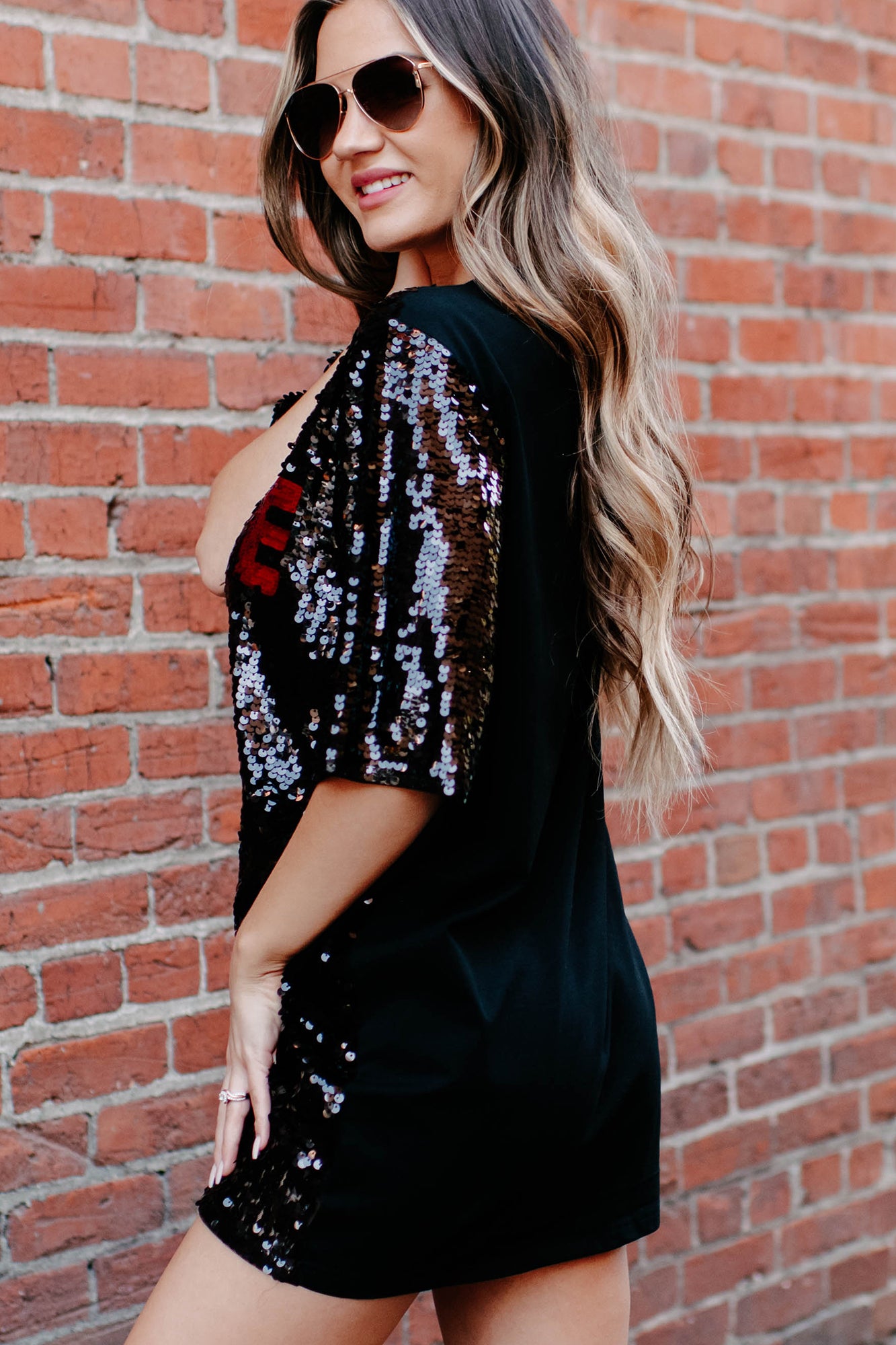 Game Day Ready Sequin Game Day T-Shirt Dress (Black/Red)-The Formal Wear
