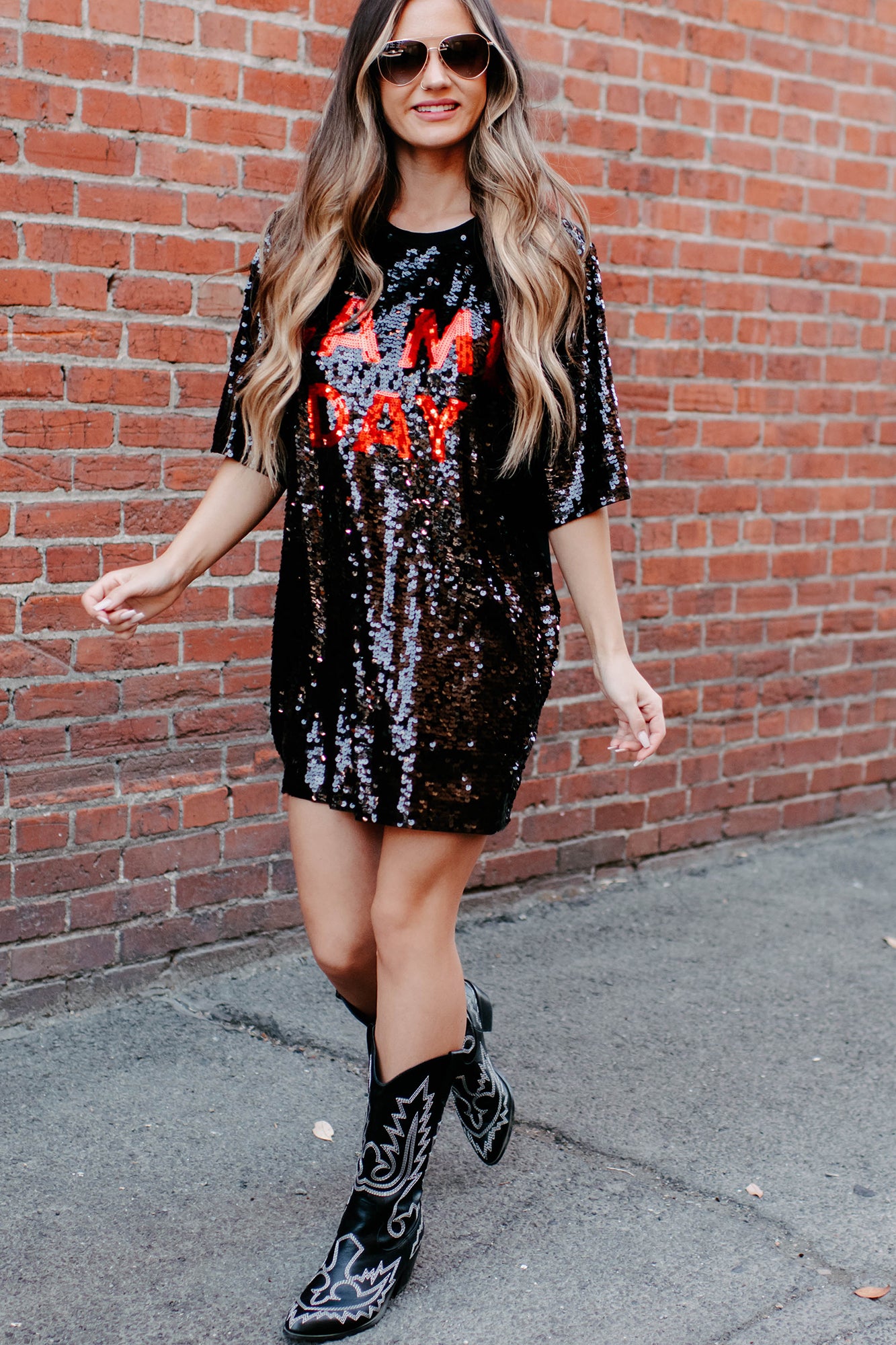 Game Day Ready Sequin Game Day T-Shirt Dress (Black/Red)-The Formal Wear