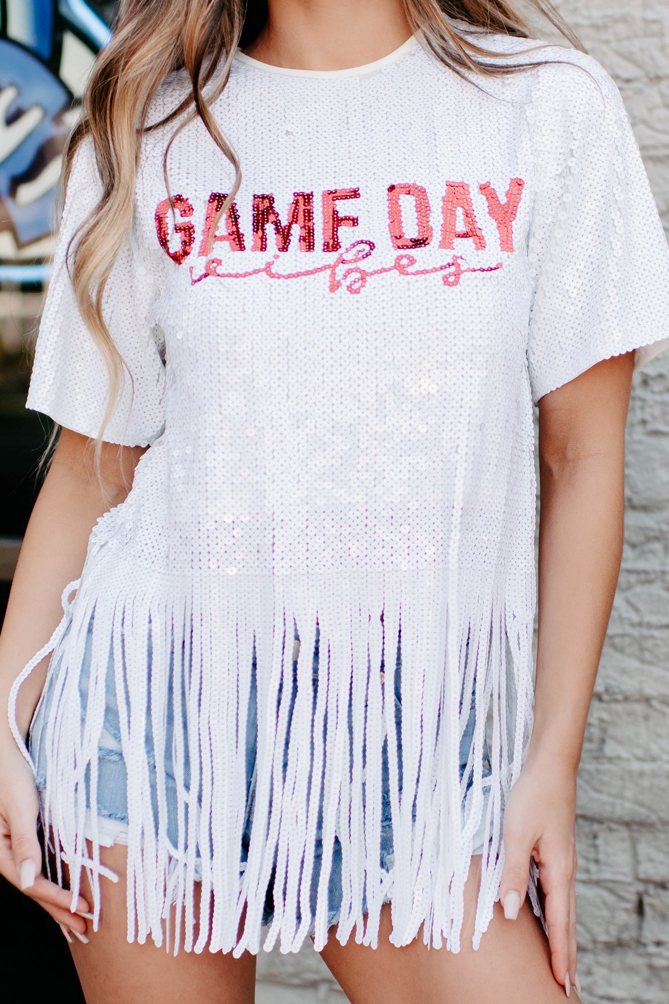Game Day Vibes Sequin Fringe Top (White/Red)-The Formal Wear