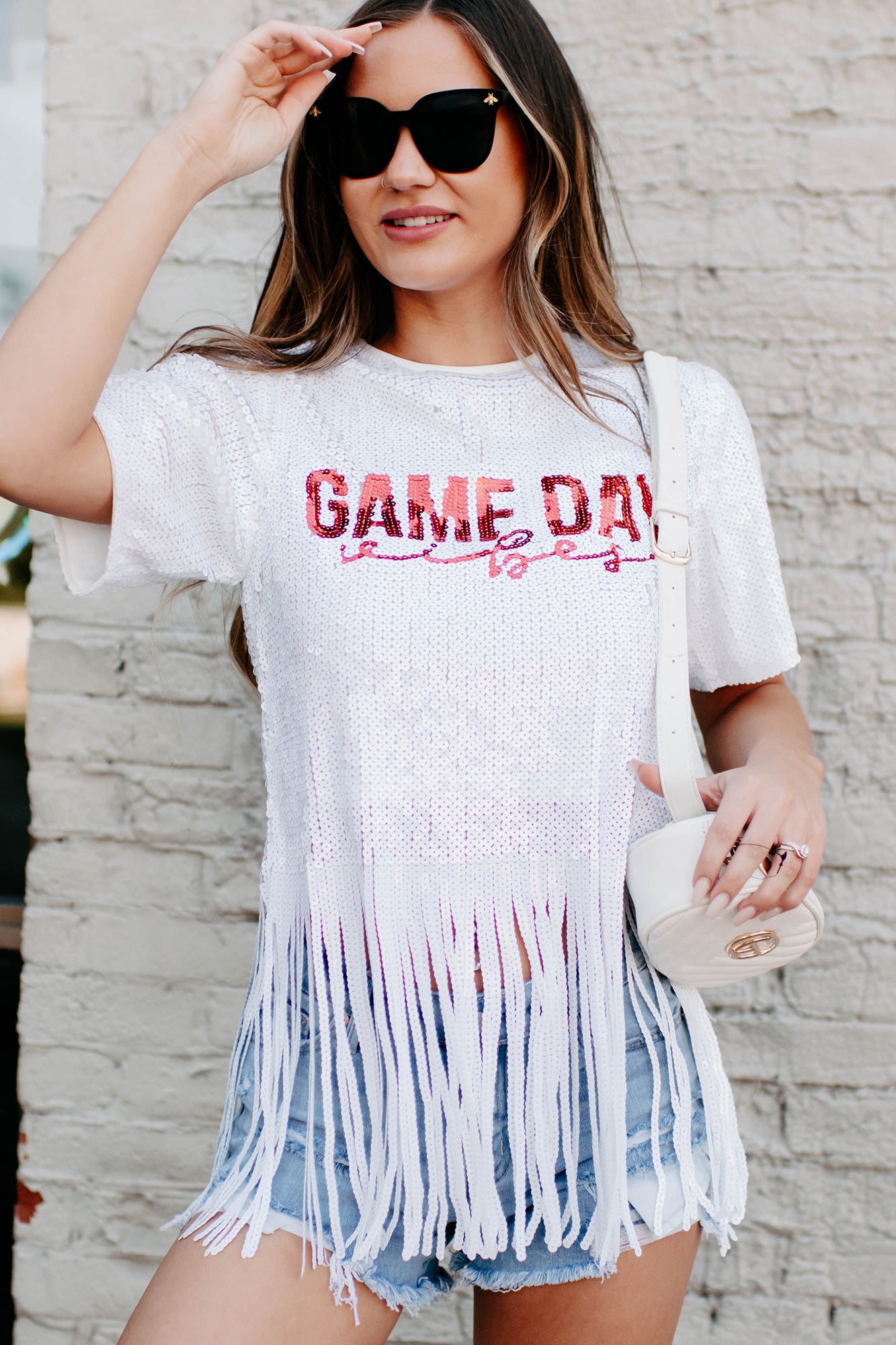 Game Day Vibes Sequin Fringe Top (White/Red)-The Formal Wear