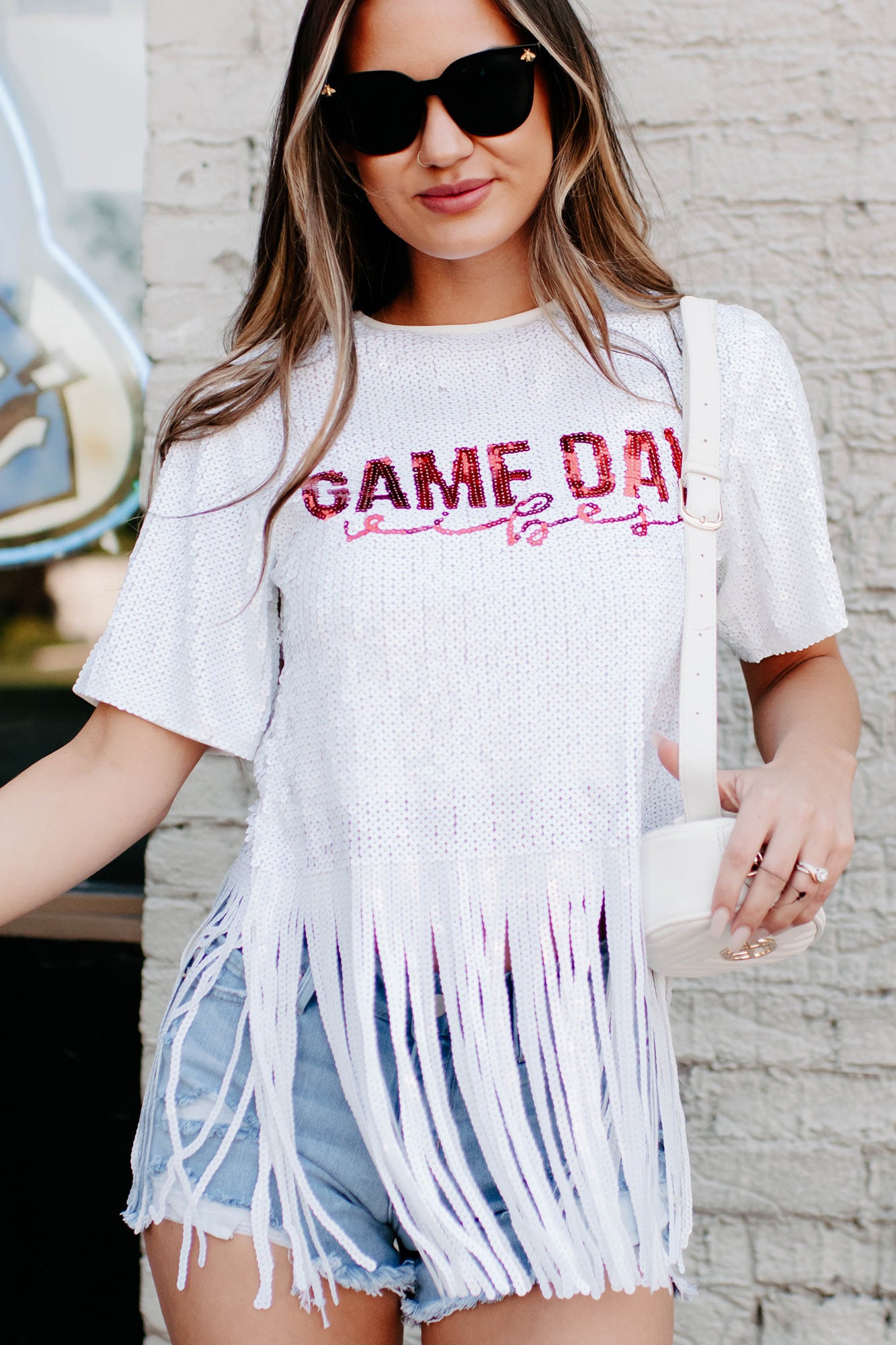 Game Day Vibes Sequin Fringe Top (White/Red)-The Formal Wear