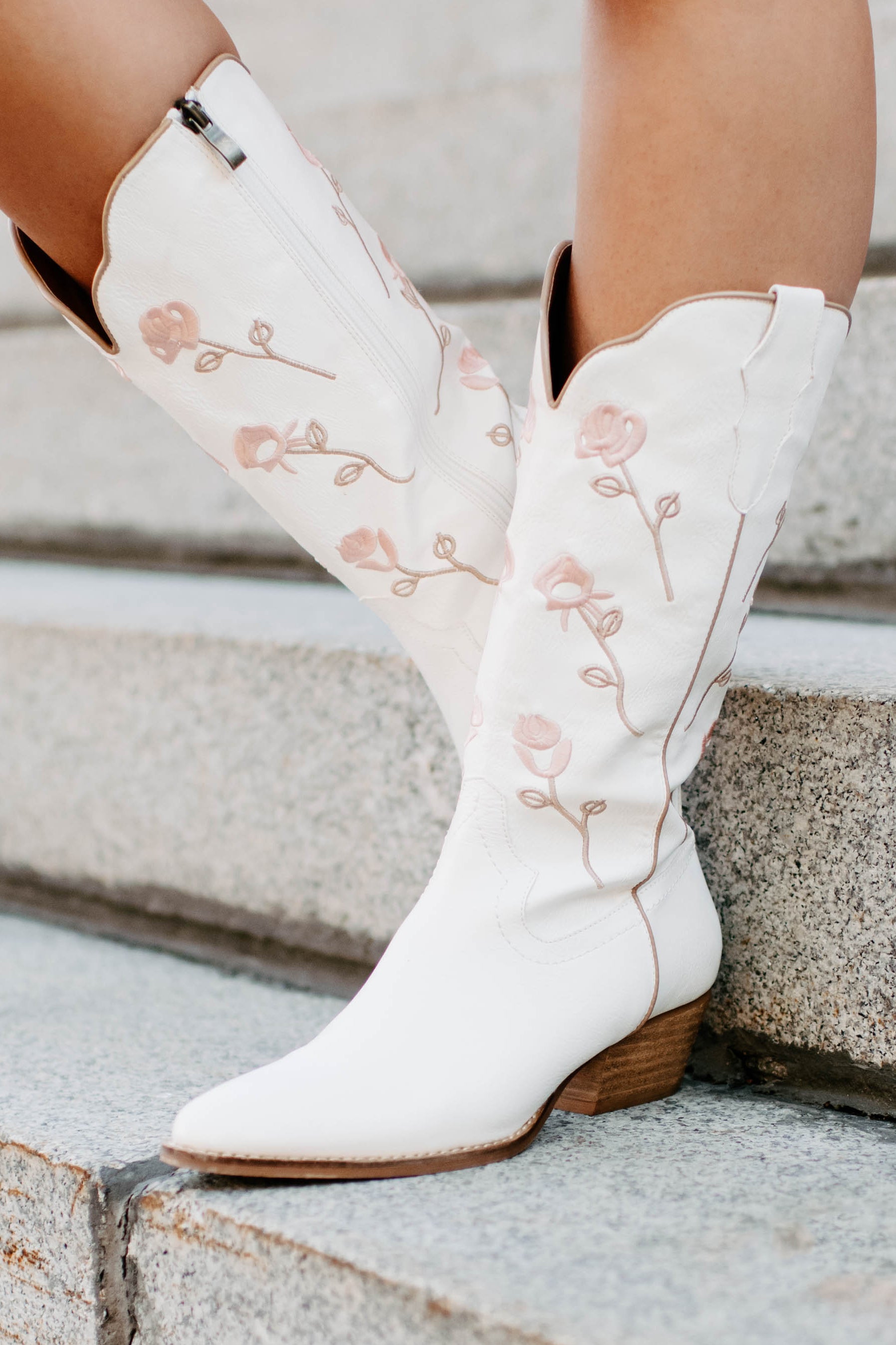 Stopping To Smell The Roses Embroidered Boots (White)-The Formal Wear