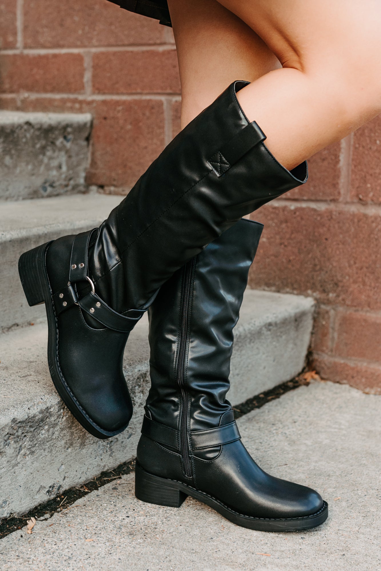 Clocking In Faux Leather Knee High Boots (Black)-The Formal Wear