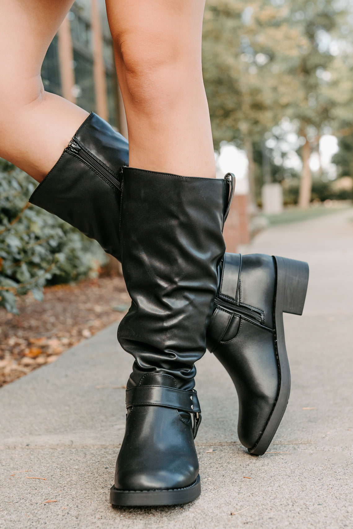 Clocking In Faux Leather Knee High Boots (Black)-The Formal Wear