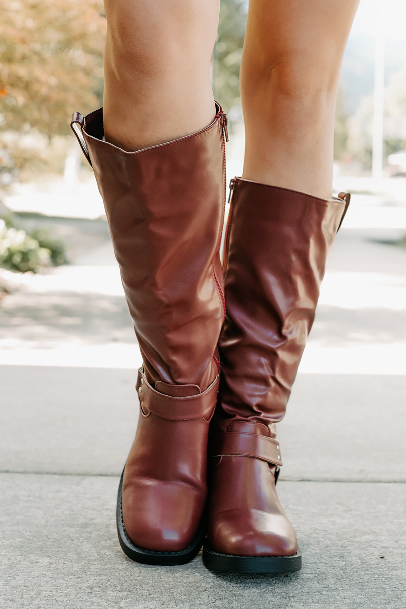Clocking In Faux Leather Knee High Boots (Wine)-The Formal Wear