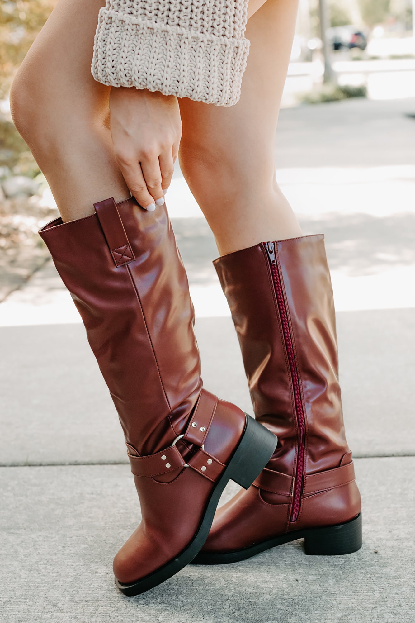 Clocking In Faux Leather Knee High Boots (Wine)-The Formal Wear