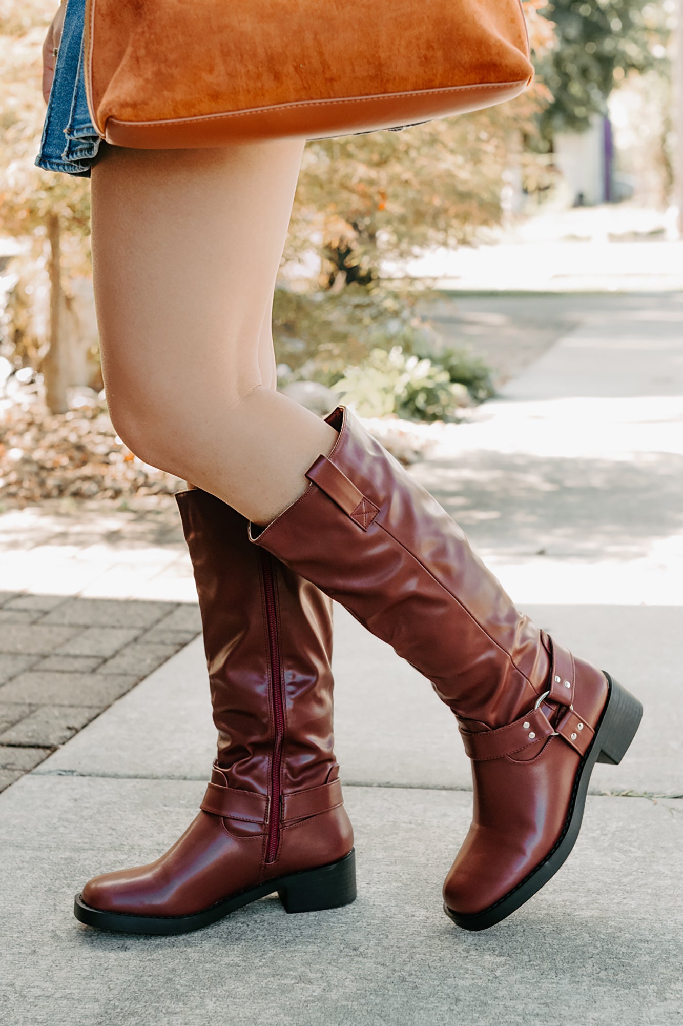 Clocking In Faux Leather Knee High Boots (Wine)-The Formal Wear