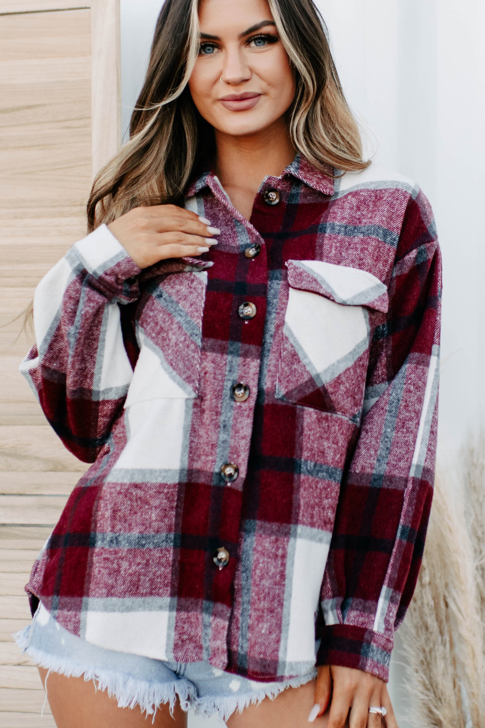 Short On Patience Plaid Shacket (Burgundy)-The Formal Wear