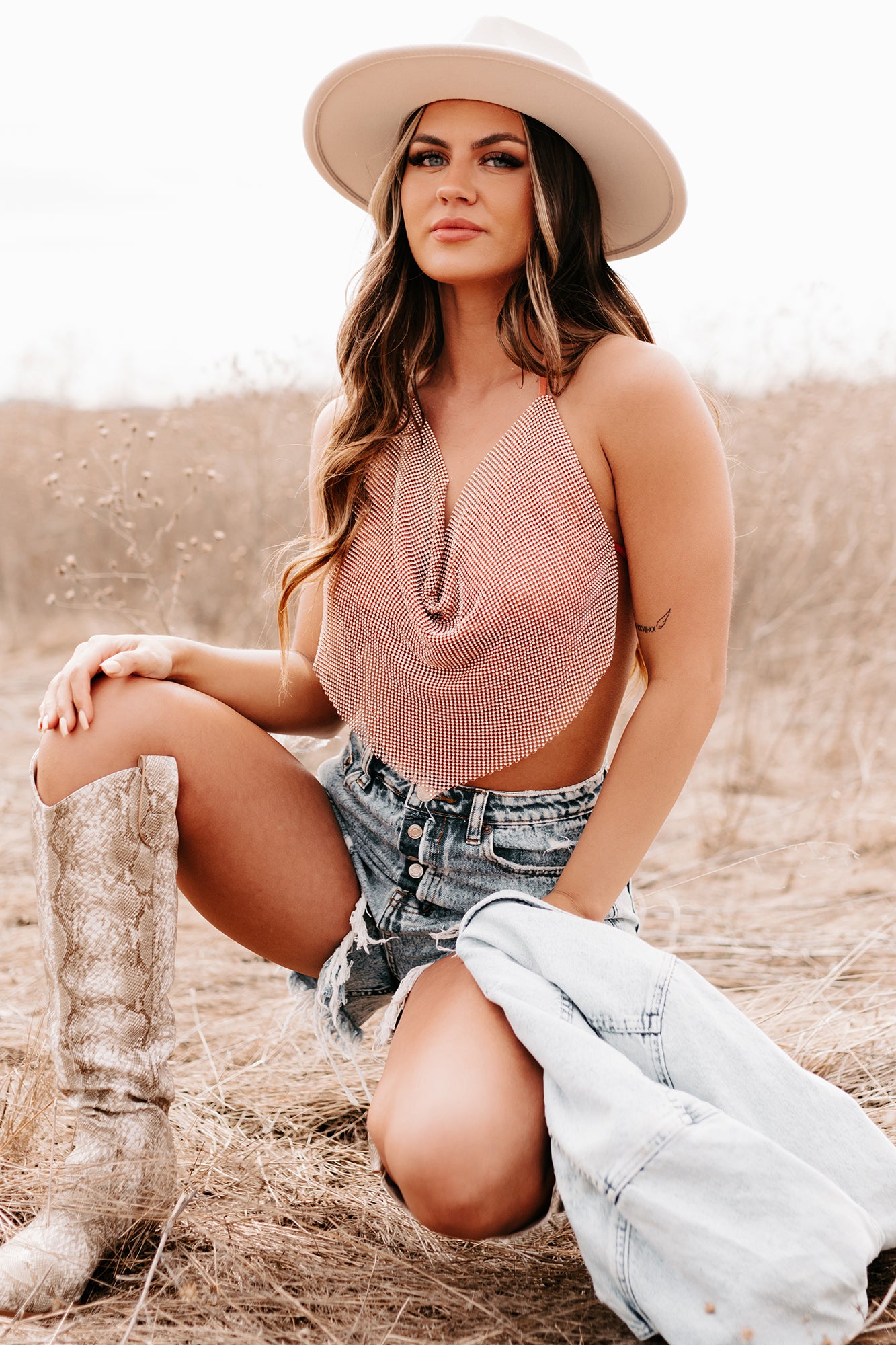 Serving Up Looks Rhinestone Cowl Neck Crop Top (Orange)-The Formal Wear