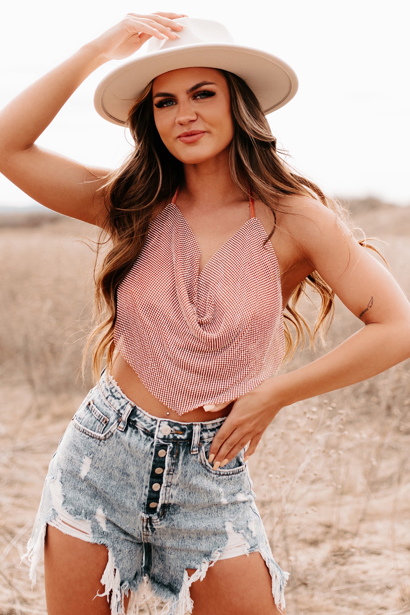 Serving Up Looks Rhinestone Cowl Neck Crop Top (Orange)-The Formal Wear