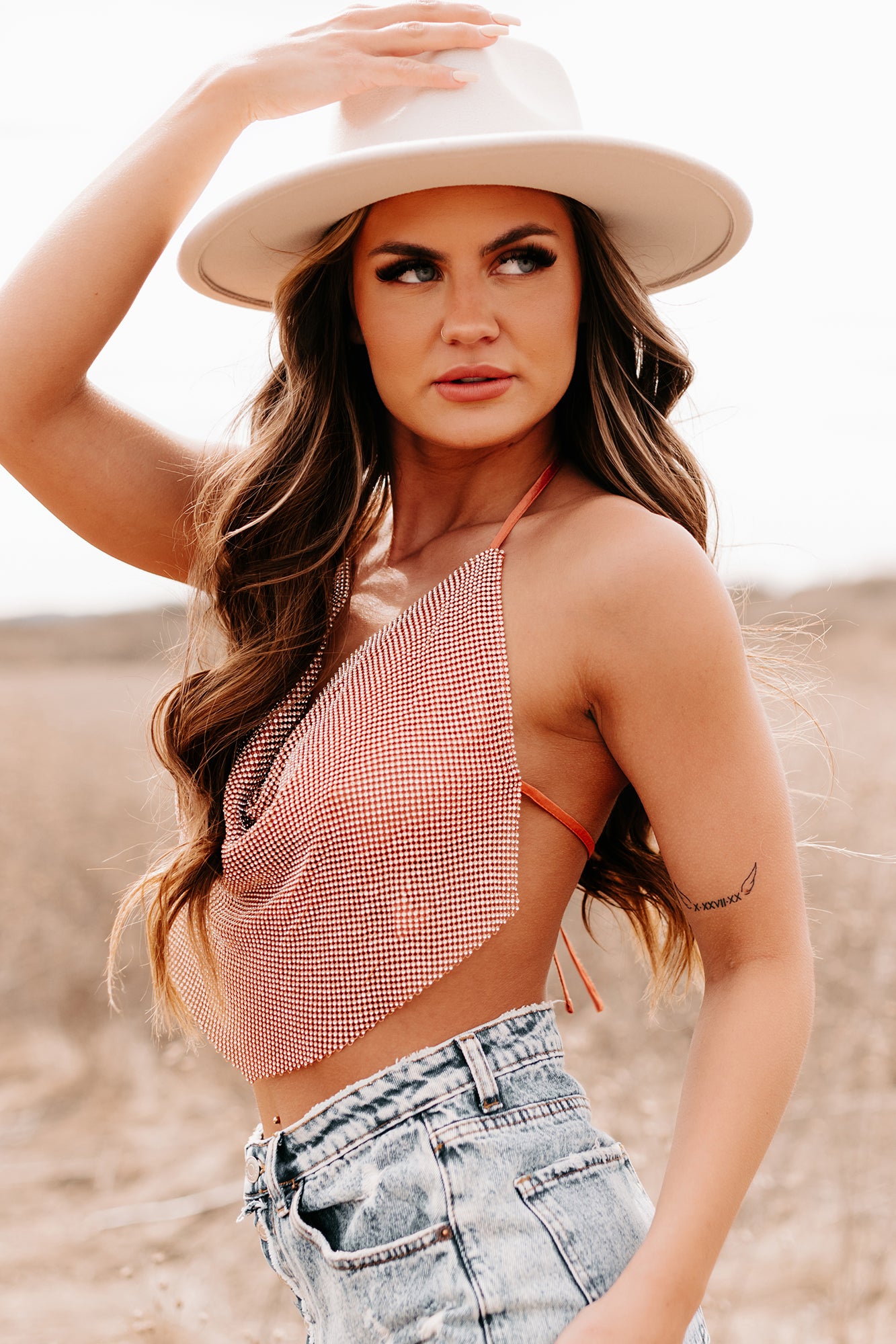 Serving Up Looks Rhinestone Cowl Neck Crop Top (Orange)-The Formal Wear