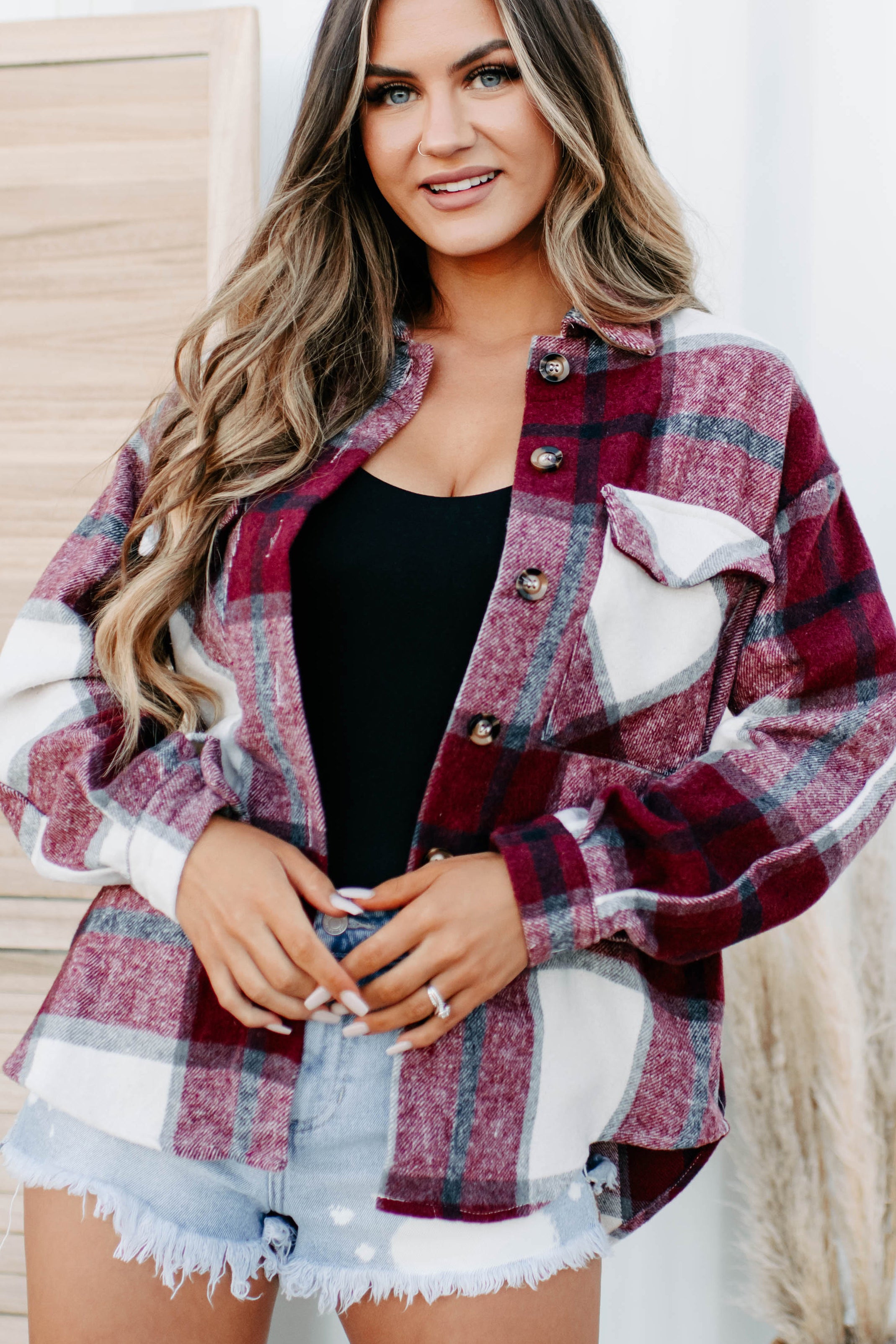 Short On Patience Plaid Shacket (Burgundy)-The Formal Wear