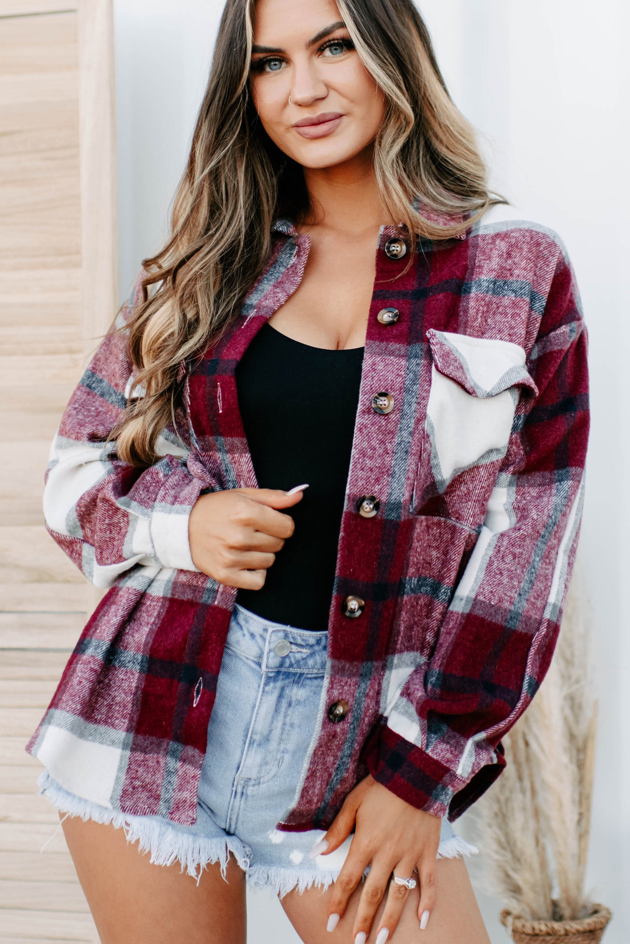 Short On Patience Plaid Shacket (Burgundy)-The Formal Wear