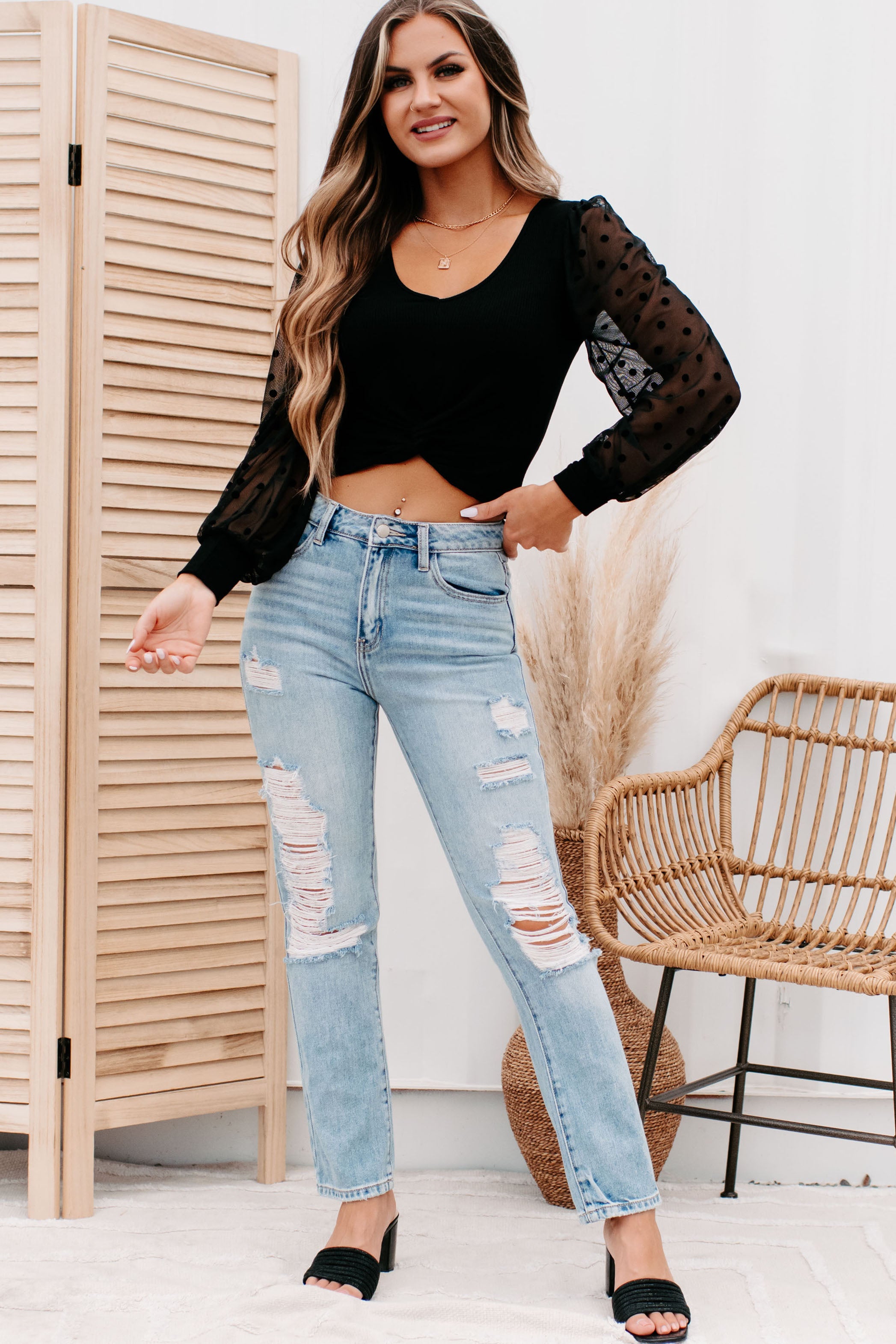 Alessia Twist-Knot Dot Sleeve Top (Black)-The Formal Wear