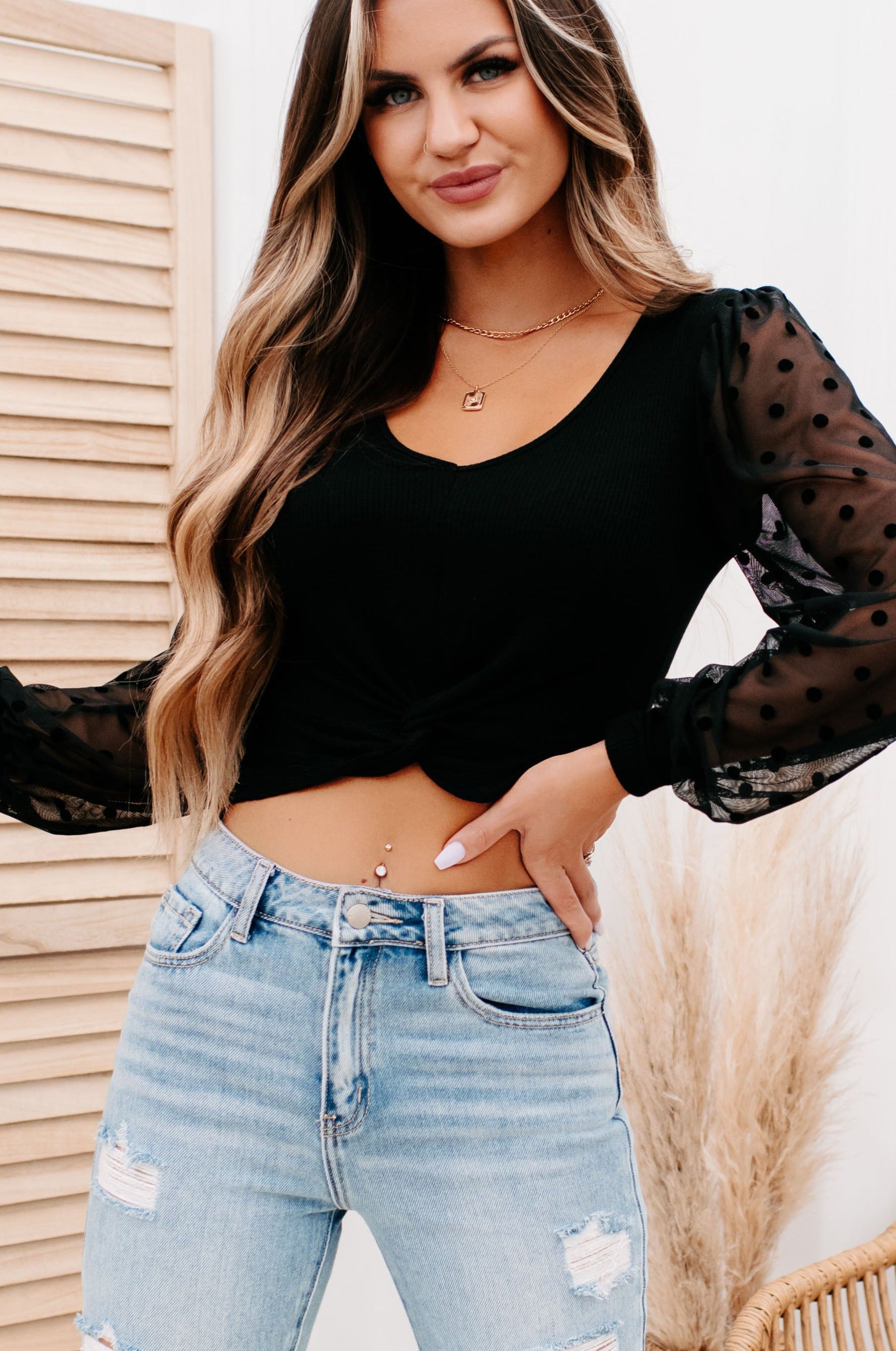 Alessia Twist-Knot Dot Sleeve Top (Black)-The Formal Wear