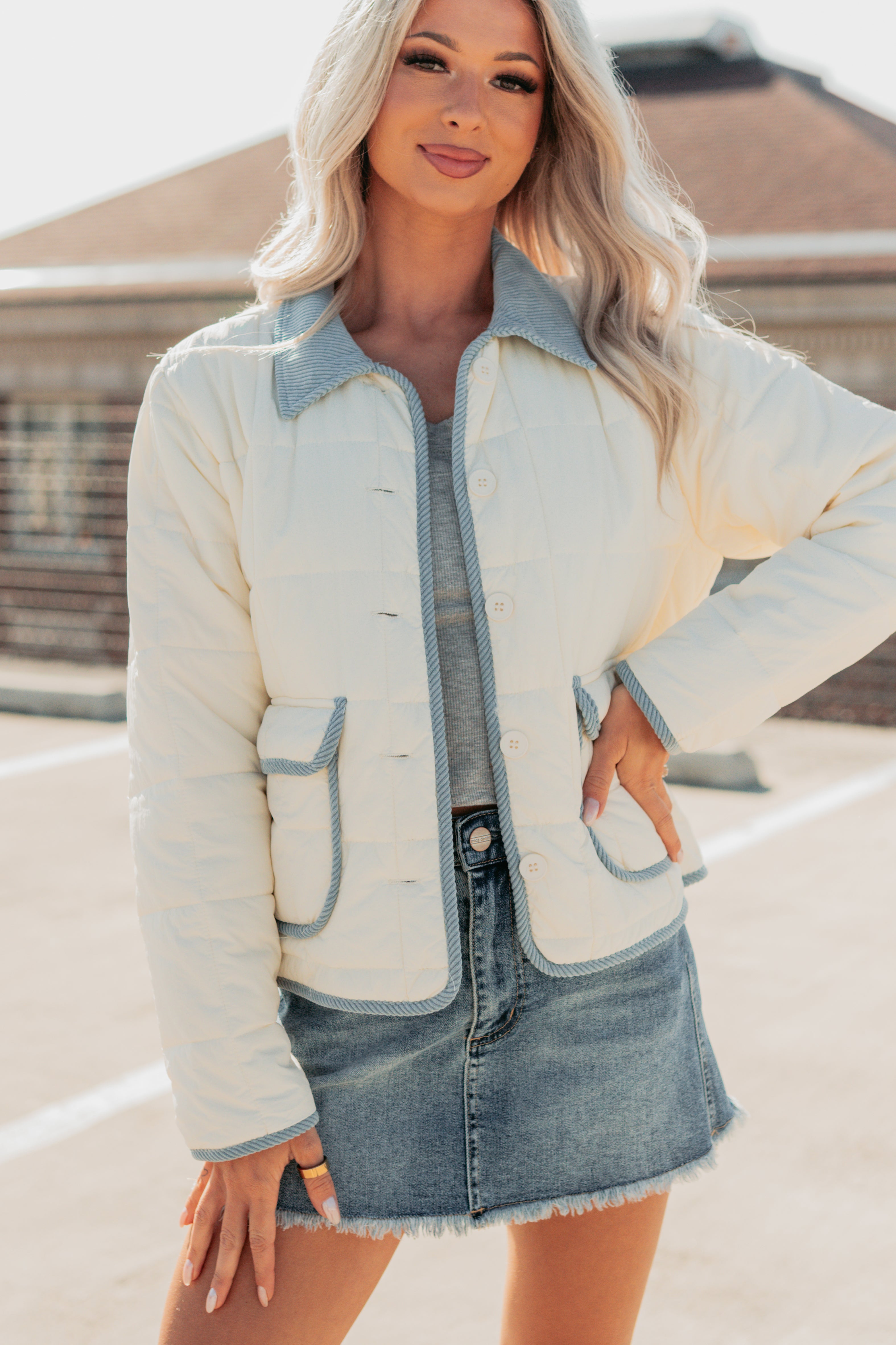 Chasing Dreams Contrast Seam Puffer Jacket (Ecru)-The Formal Wear