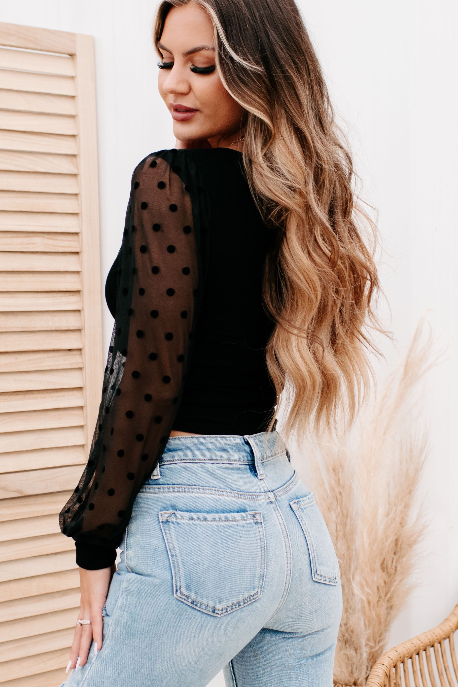 Alessia Twist-Knot Dot Sleeve Top (Black)-The Formal Wear