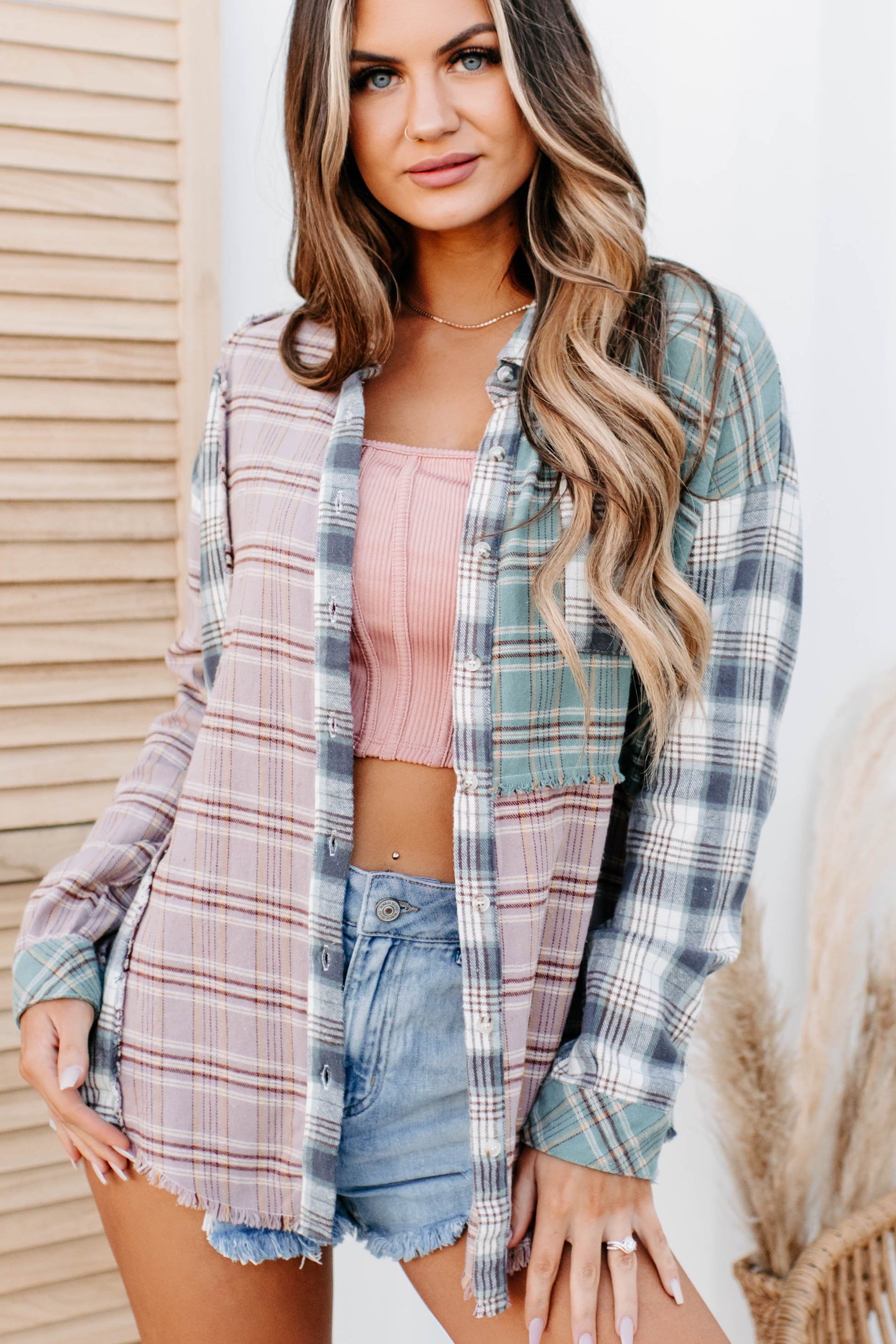 Slowly Drifting Colorblock Plaid Long Sleeve Top (Mauve Multi)-The Formal Wear