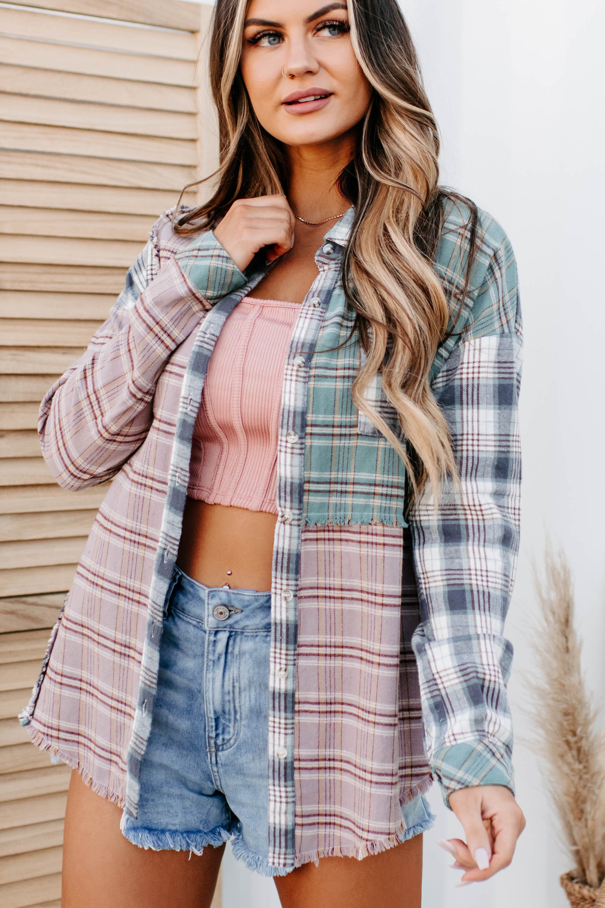 Slowly Drifting Colorblock Plaid Long Sleeve Top (Mauve Multi)-The Formal Wear