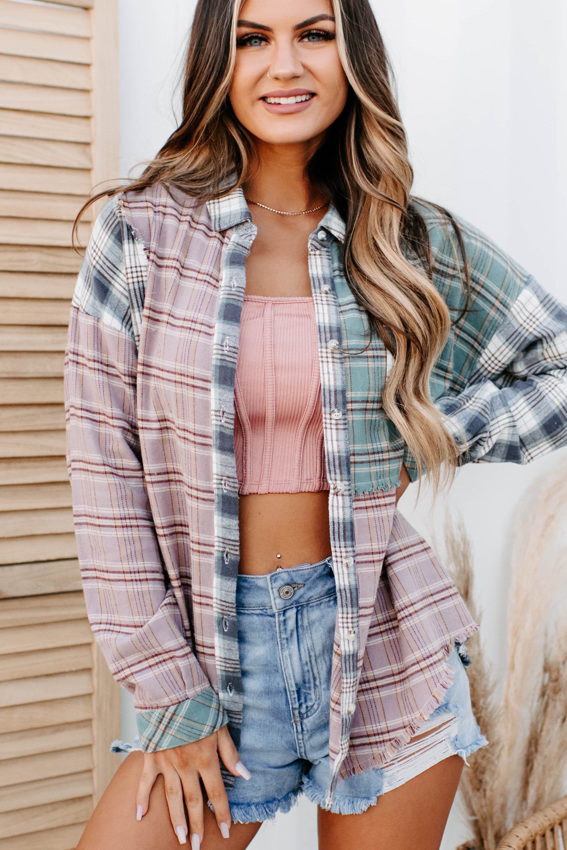 Slowly Drifting Colorblock Plaid Long Sleeve Top (Mauve Multi)-The Formal Wear