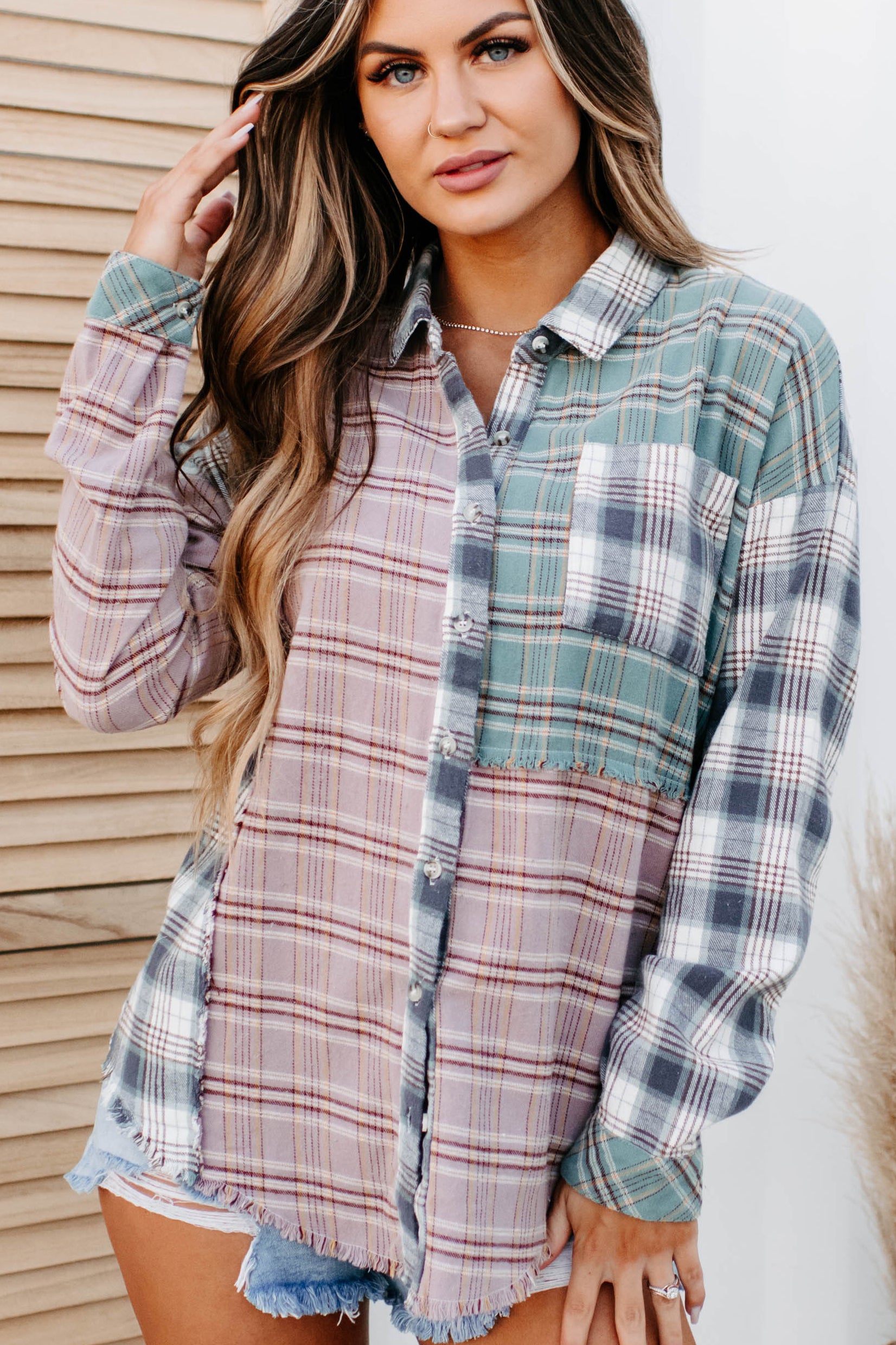 Slowly Drifting Colorblock Plaid Long Sleeve Top (Mauve Multi)-The Formal Wear