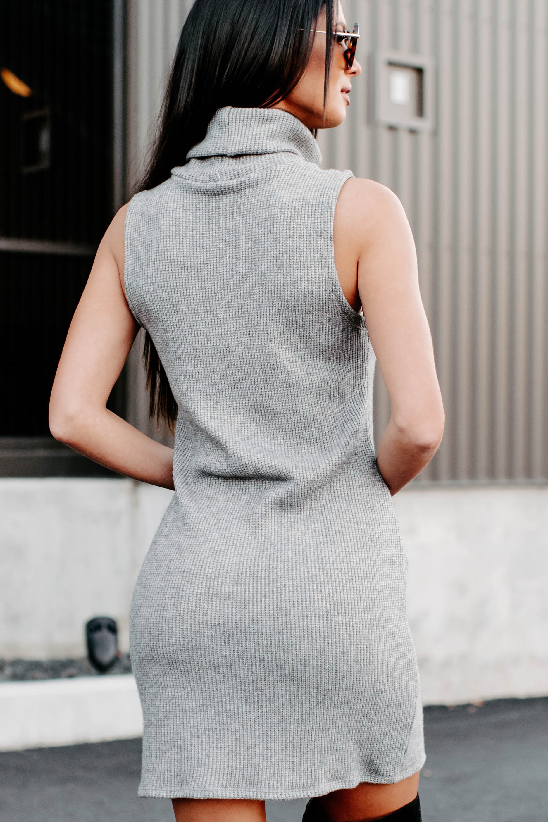 Heart At Ease Sleeveless Turtle Neck Sweater Dress (Heather Grey)-The Formal Wear