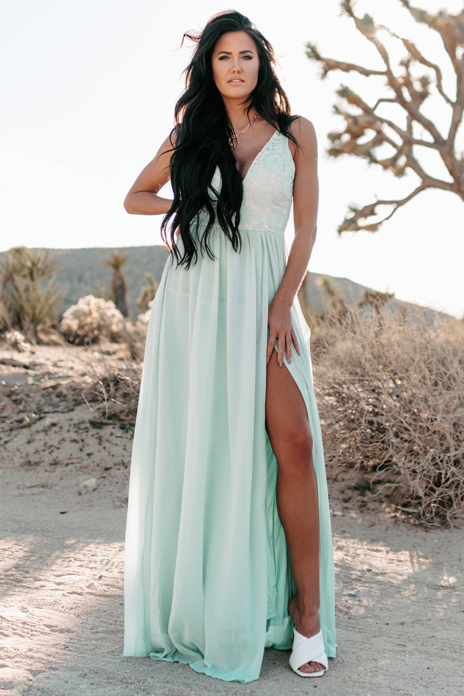 Night of Perfection Lace Chiffon Maxi Dress (Mint)-The Formal Wear