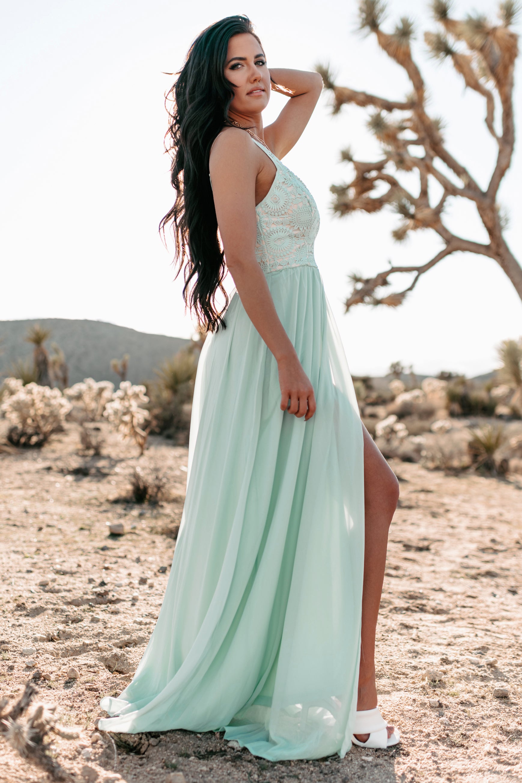 Night of Perfection Lace Chiffon Maxi Dress (Mint)-The Formal Wear