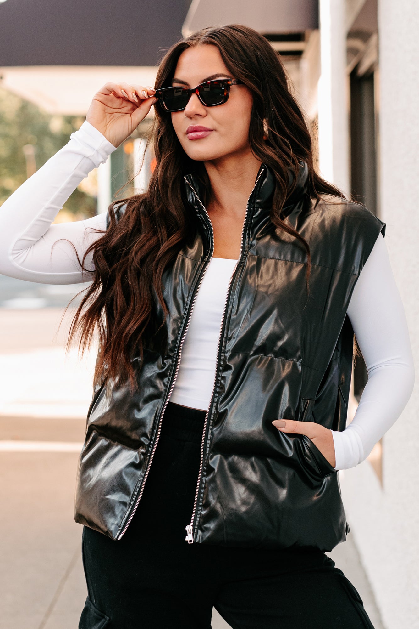 Put You In Your Place Patent Leather Puffer Vest (Black)-The Formal Wear