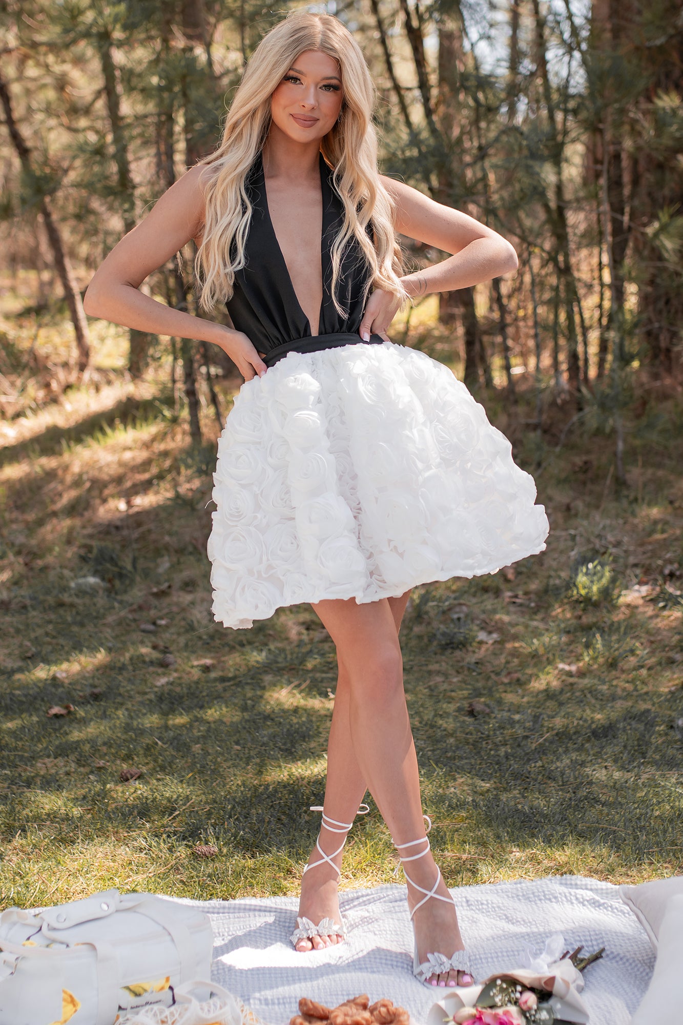 Give Em' Glam Rose Textured Halter Mini Dress (White/Black)-The Formal Wear