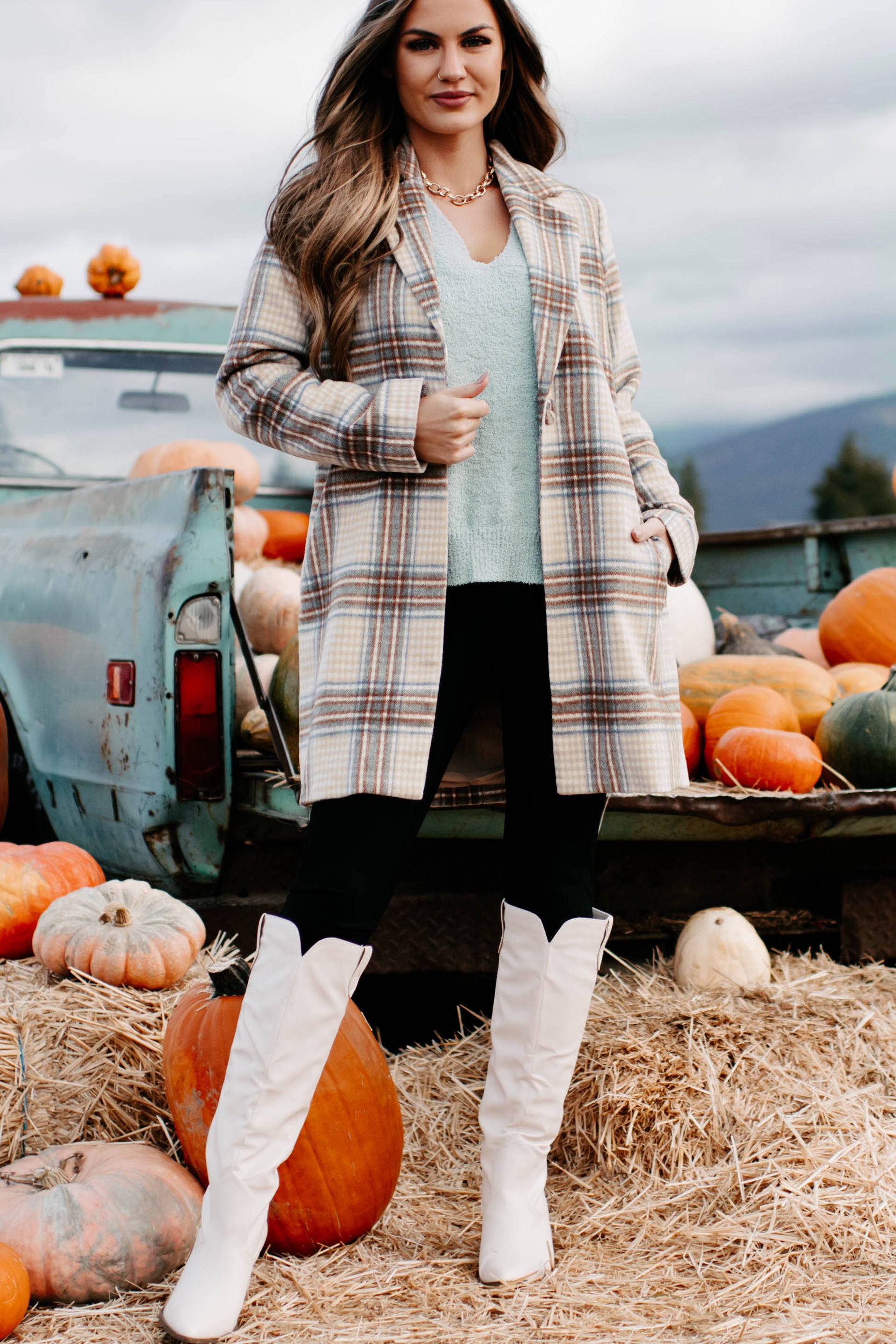 Moves Ahead Plaid Coat (Tan/Brown/Denim)-The Formal Wear