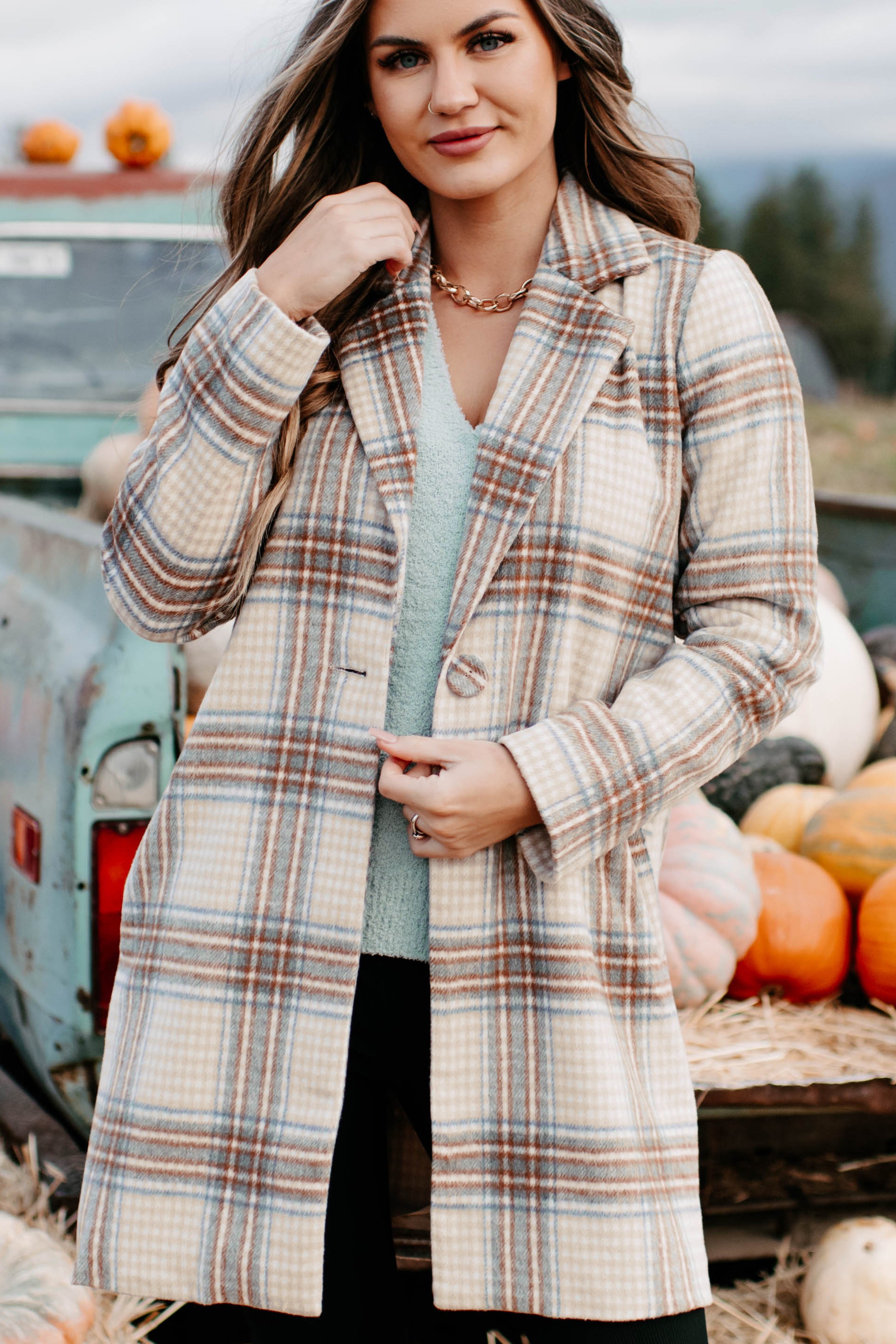 Moves Ahead Plaid Coat (Tan/Brown/Denim)-The Formal Wear