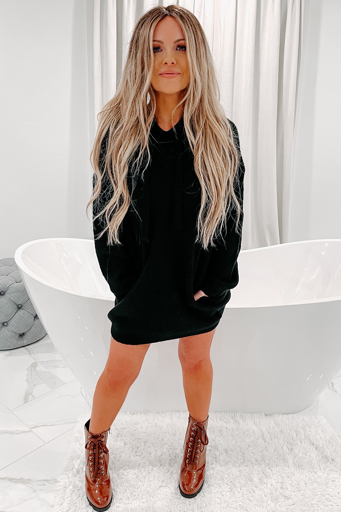 City Hopper Sweater Knit Tunic Hoodie (Black)-The Formal Wear