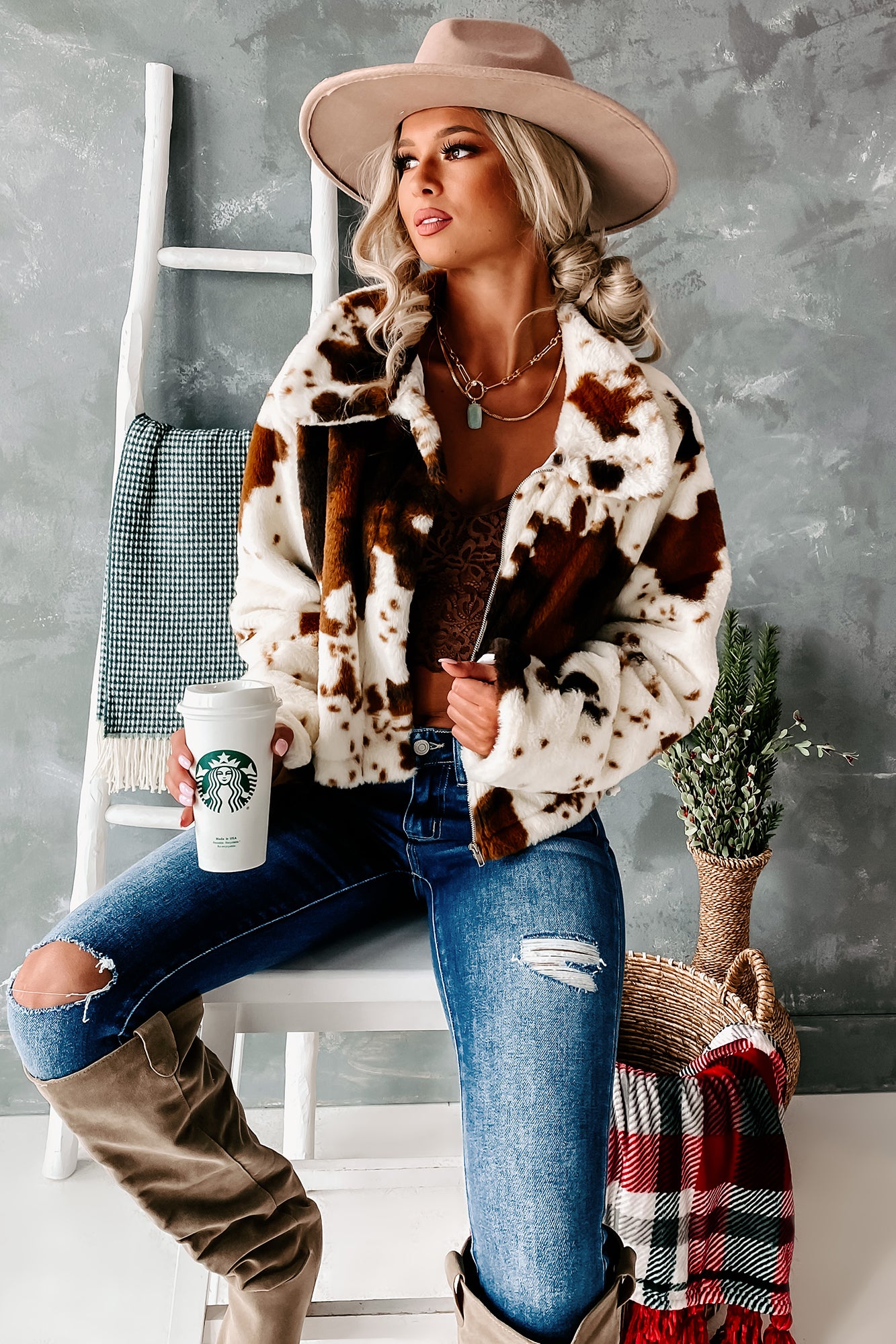 Cowgirl Chic Cropped Cow Print Jacket (Brown)-The Formal Wear