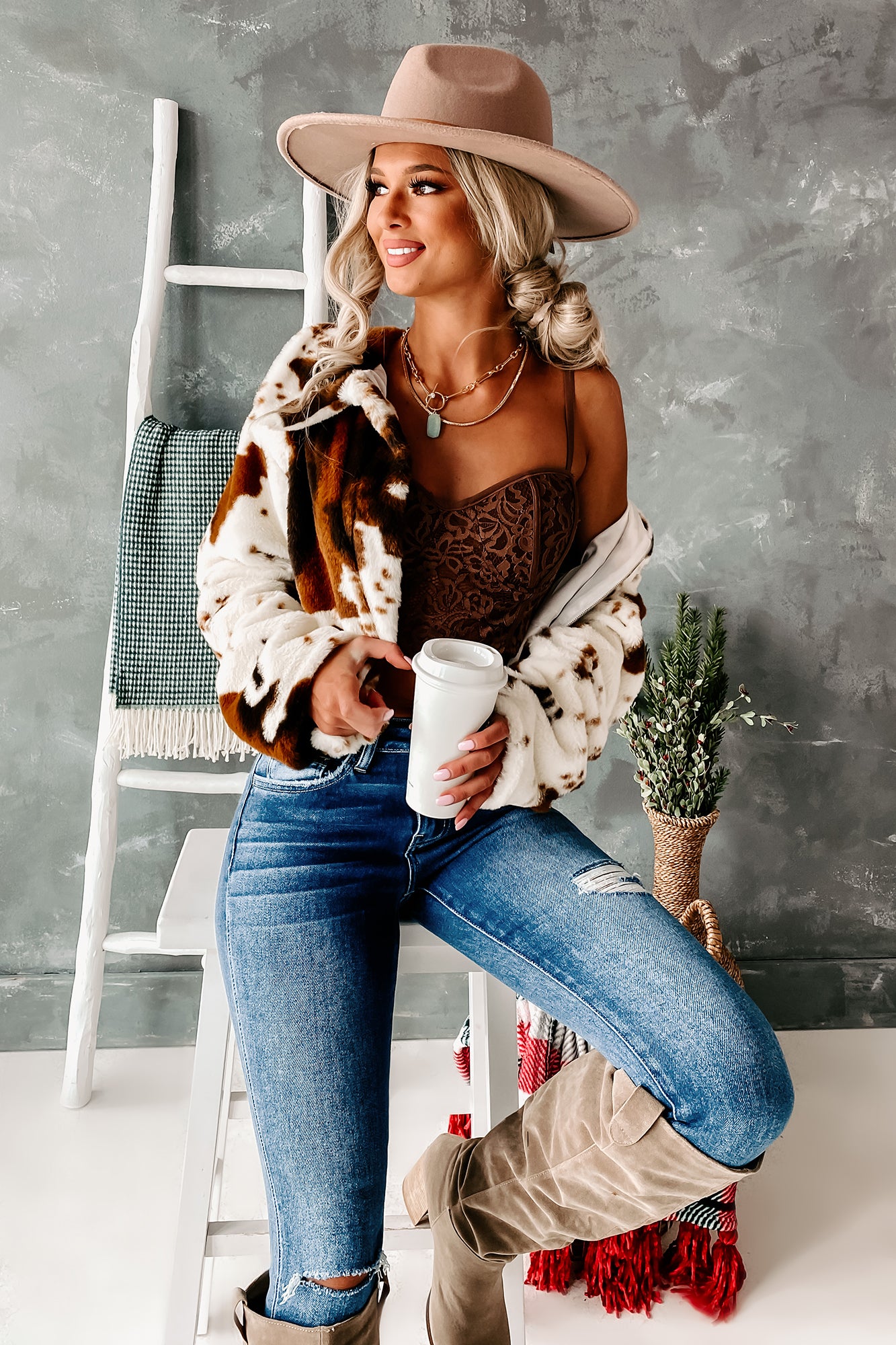 Cowgirl Chic Cropped Cow Print Jacket (Brown)-The Formal Wear