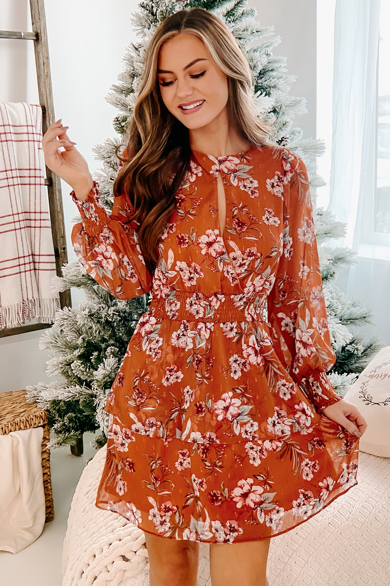 Beaming With Joy Floral Keyhole Mini Dress (Rust)-The Formal Wear