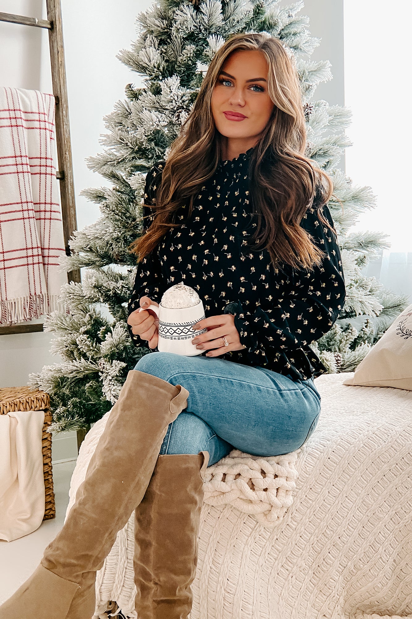 Beginning To Flourish High Neck Long Sleeve Top (Black)-The Formal Wear