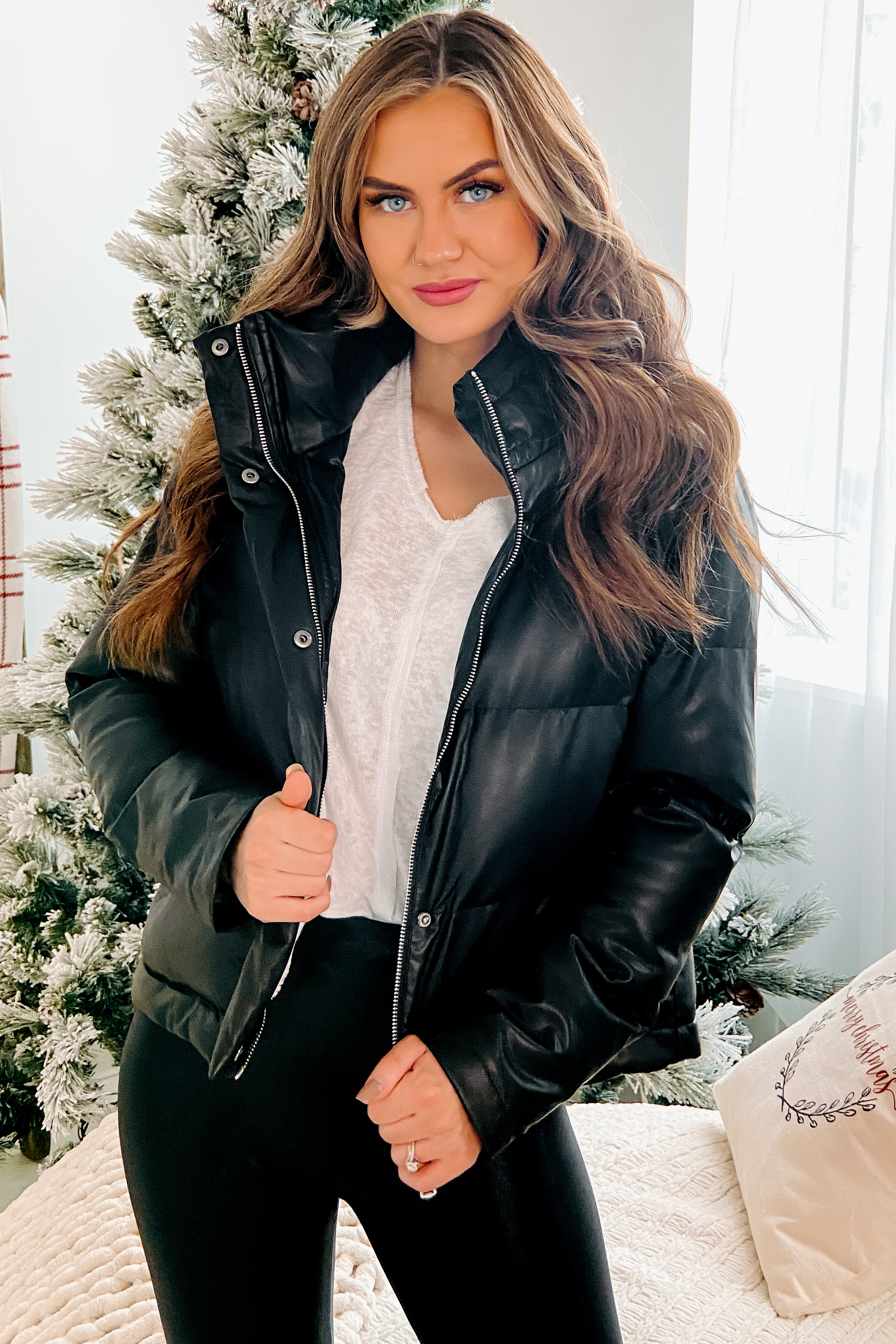 Appearances Matter Hooded Faux Leather Puffer Coat (Black)-The Formal Wear