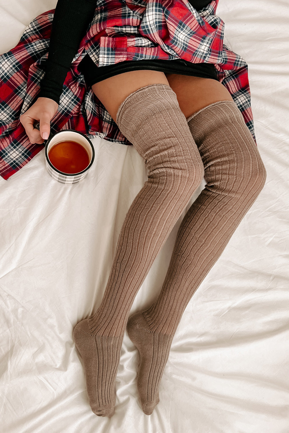 Snuggle Sesh Ribbed Thigh-High Socks (Mocha)-The Formal Wear