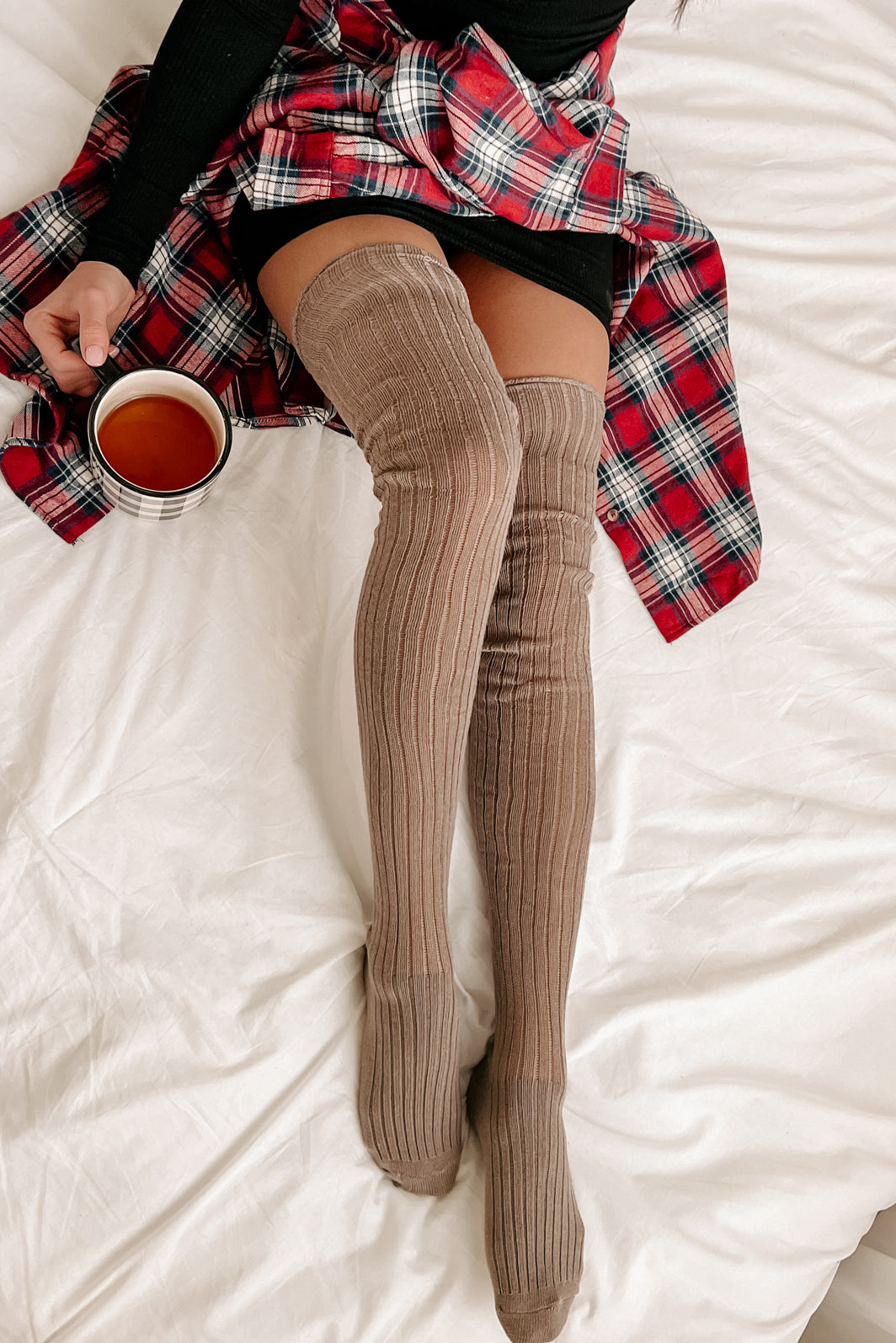 Snuggle Sesh Ribbed Thigh-High Socks (Mocha)-The Formal Wear