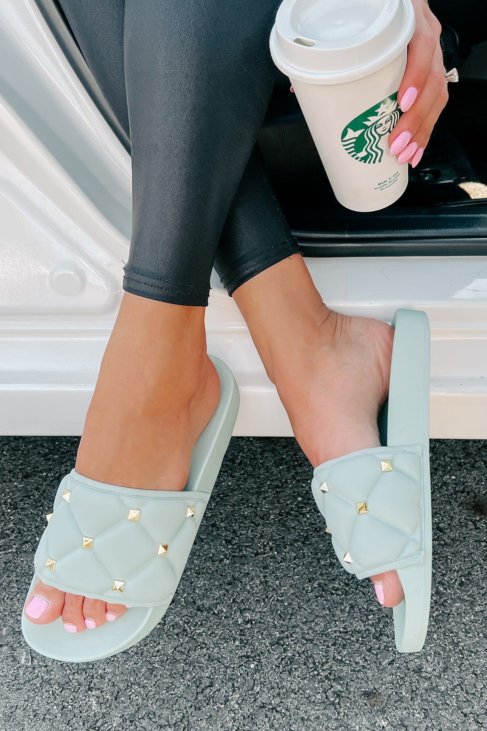 Treating Myself Quilted Studded Slides (Light Teal)-The Formal Wear