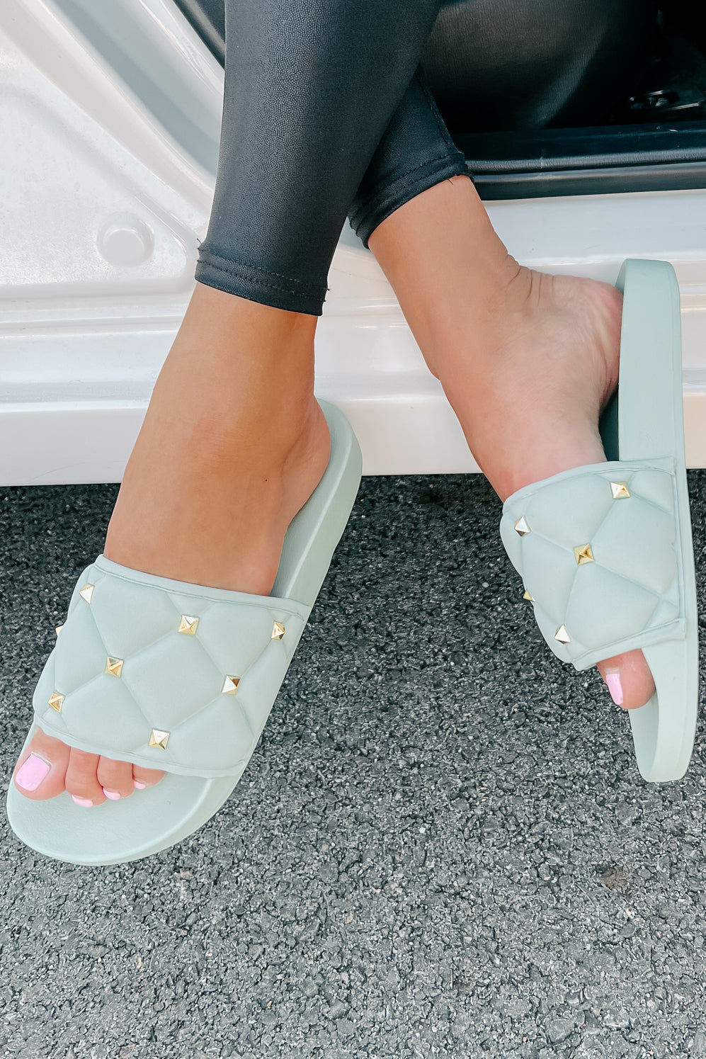 Treating Myself Quilted Studded Slides (Light Teal)-The Formal Wear