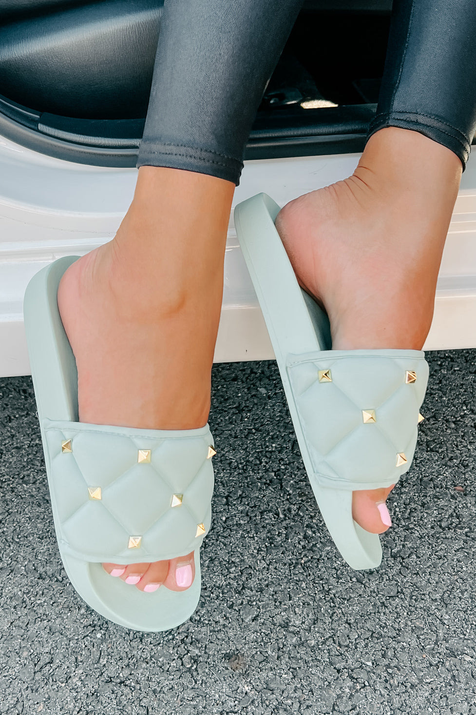 Treating Myself Quilted Studded Slides (Light Teal)-The Formal Wear