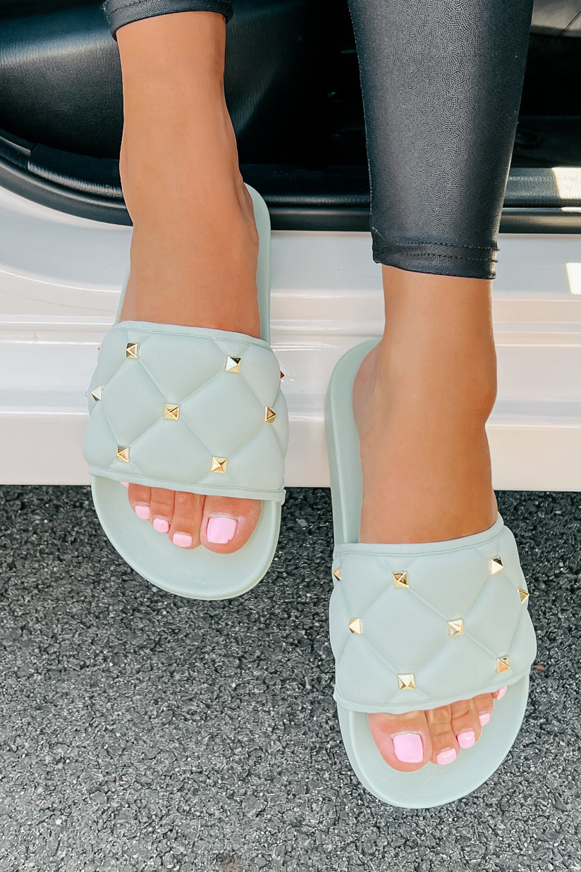 Treating Myself Quilted Studded Slides (Light Teal)-The Formal Wear
