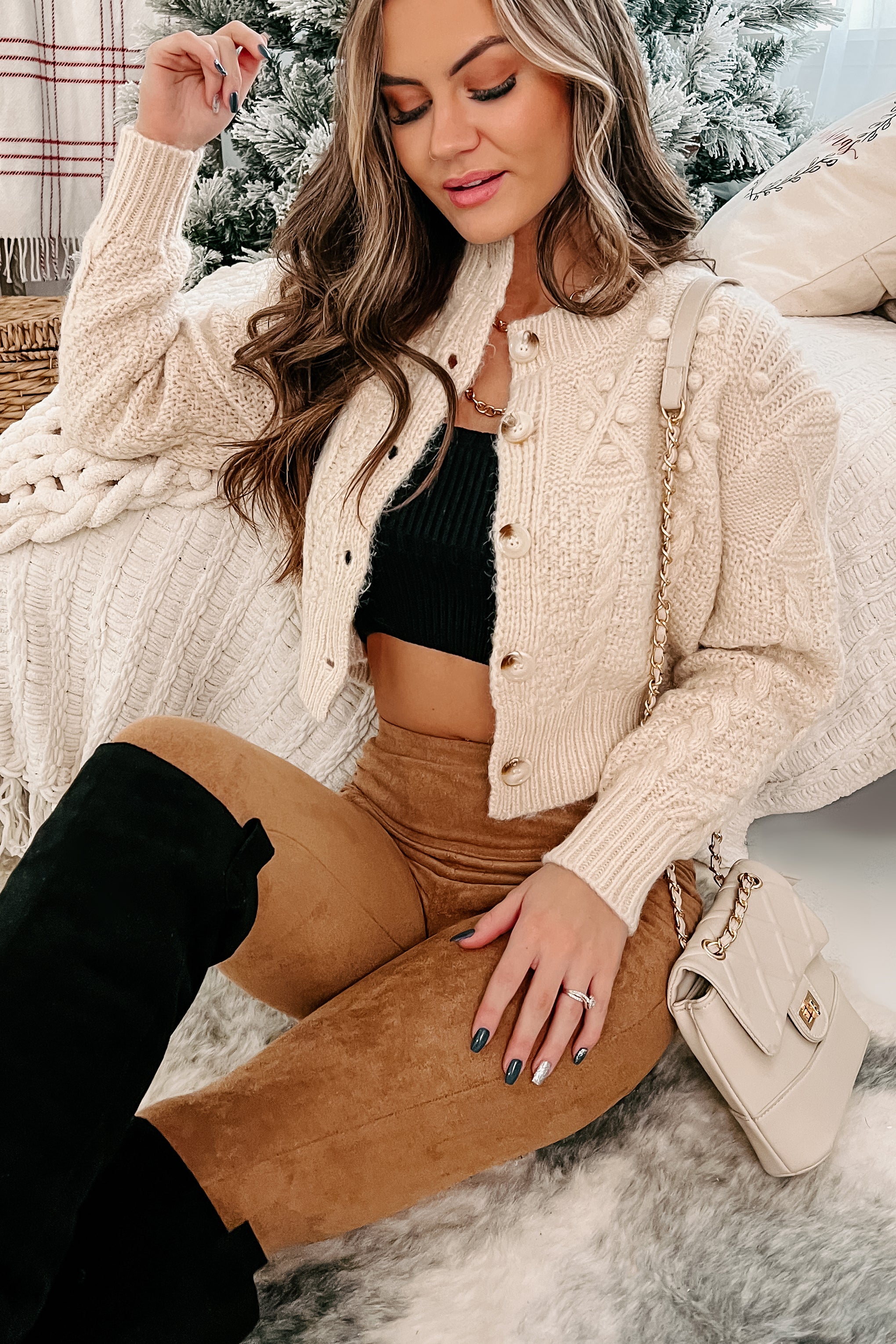 Genuine Warmth Cropped Cable Knit Cardigan Sweater (Cream)-The Formal Wear
