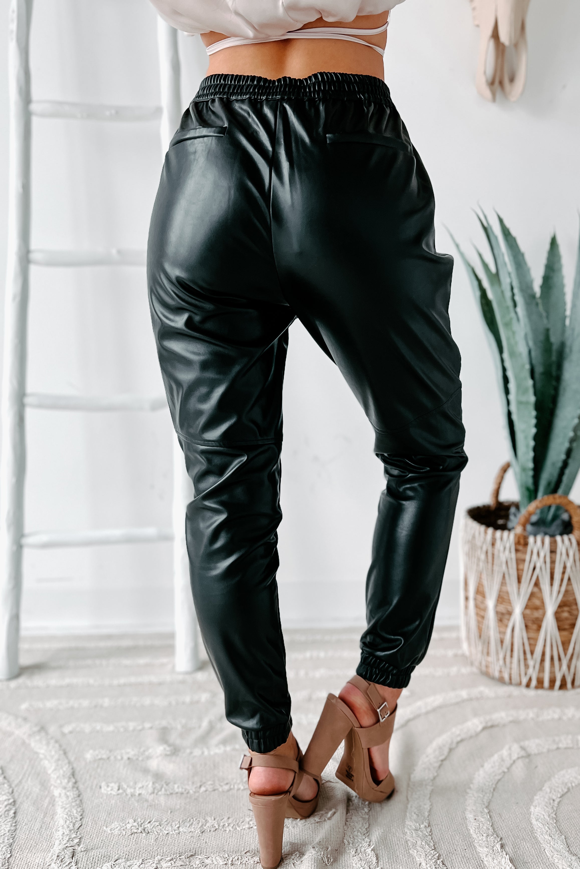 Acting Up High Waisted Faux Leather Joggers (Black)-The Formal Wear