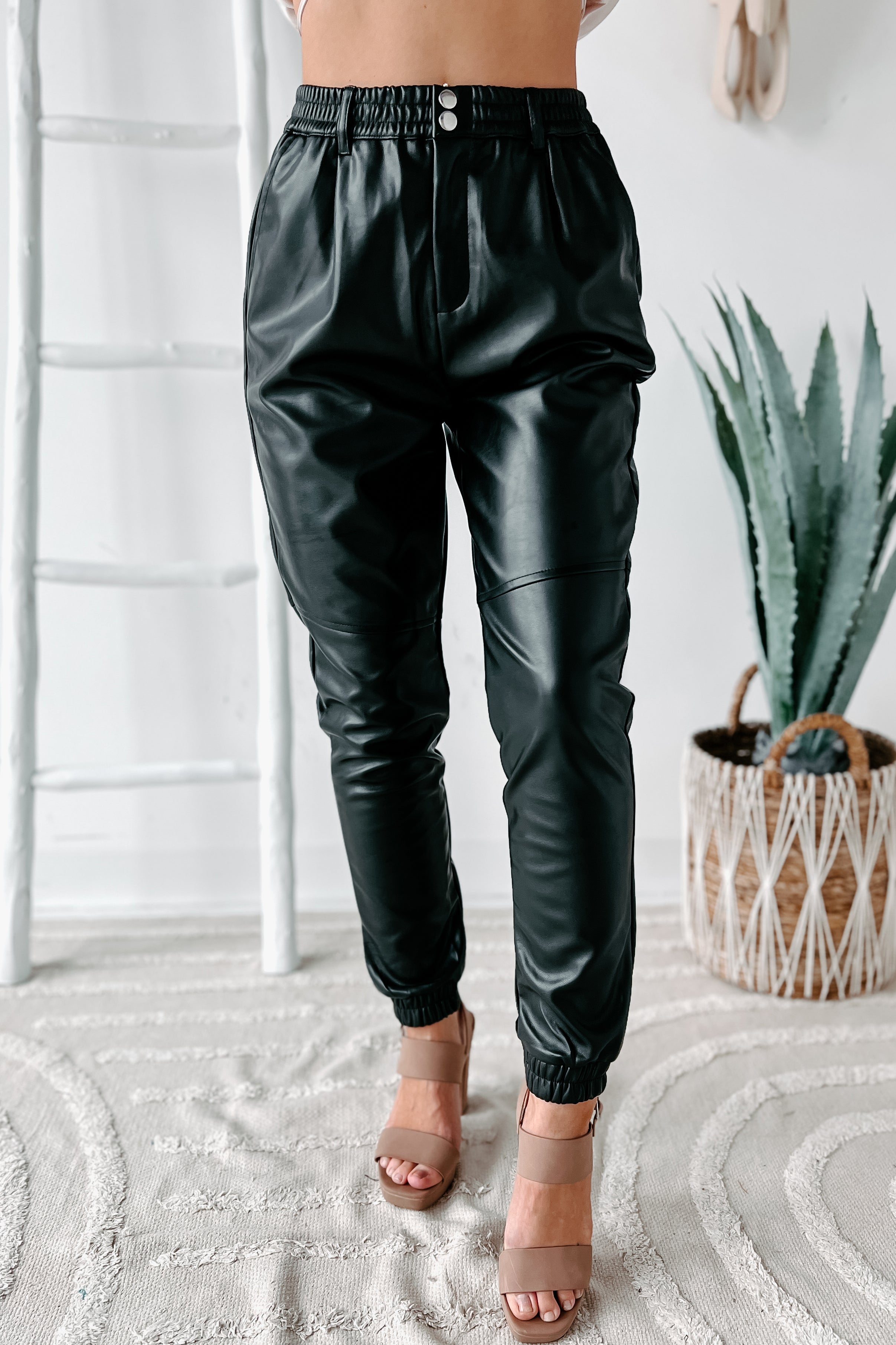 Acting Up High Waisted Faux Leather Joggers (Black)-The Formal Wear